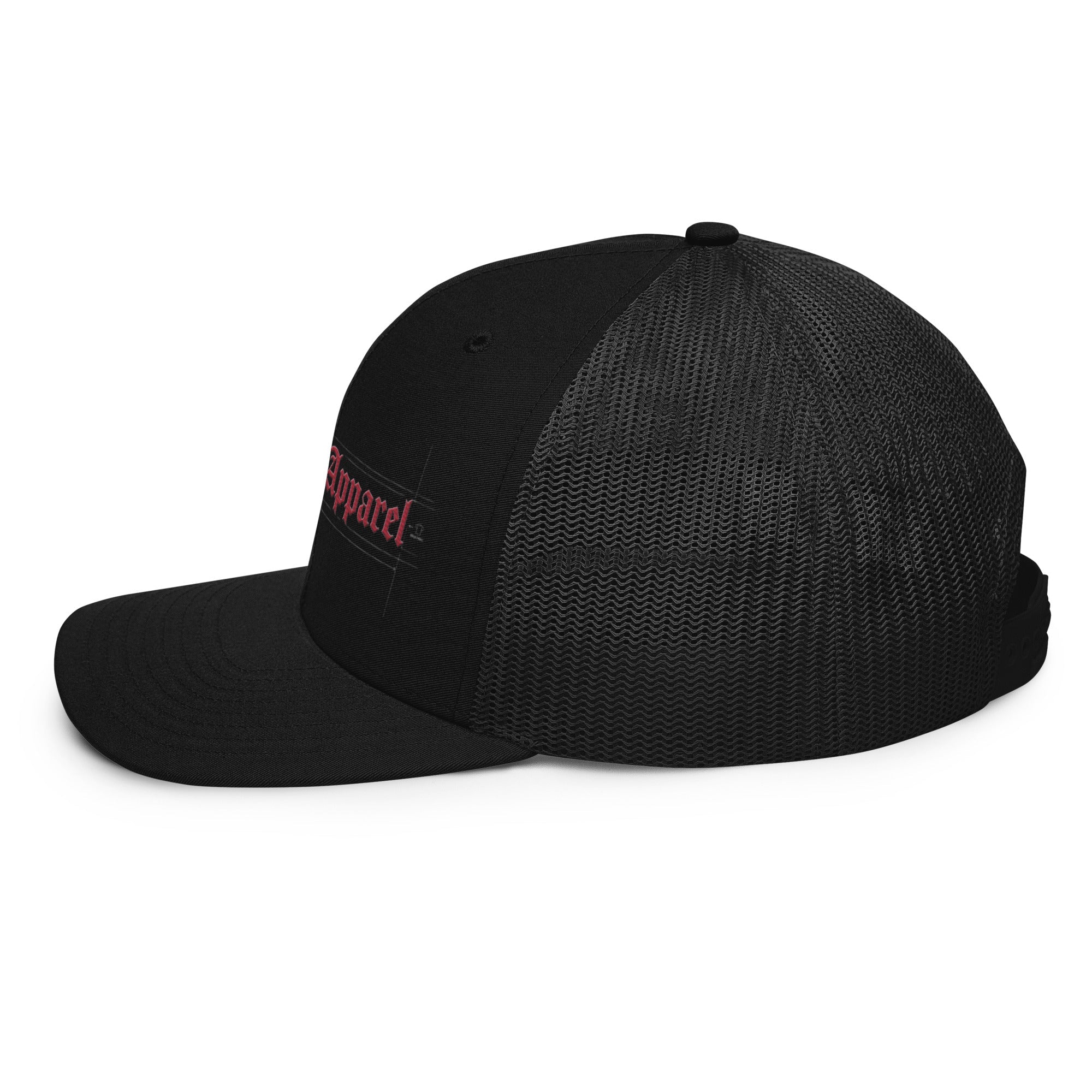 Black Richardson trucker cap with premium embroidered text and mesh back panel
