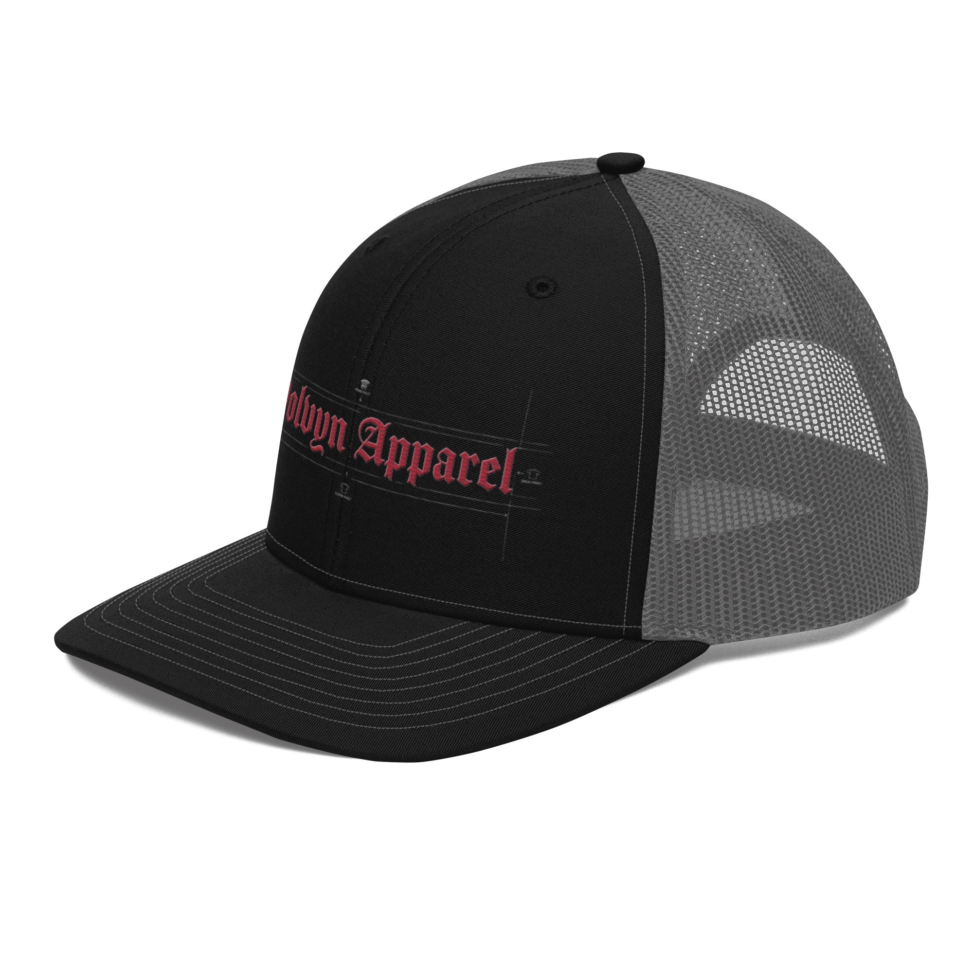 Black Richardson trucker cap with mesh back and red embroidered gothic text on front panel