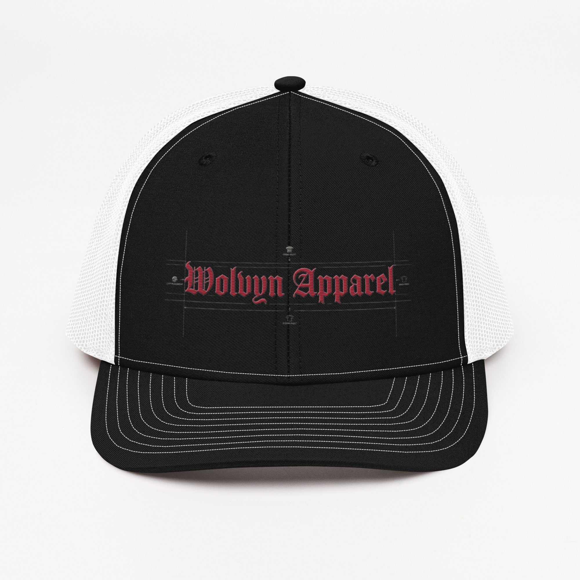 Black and white trucker cap with red embroidered 'Wolvyn Apparel' text on front panel