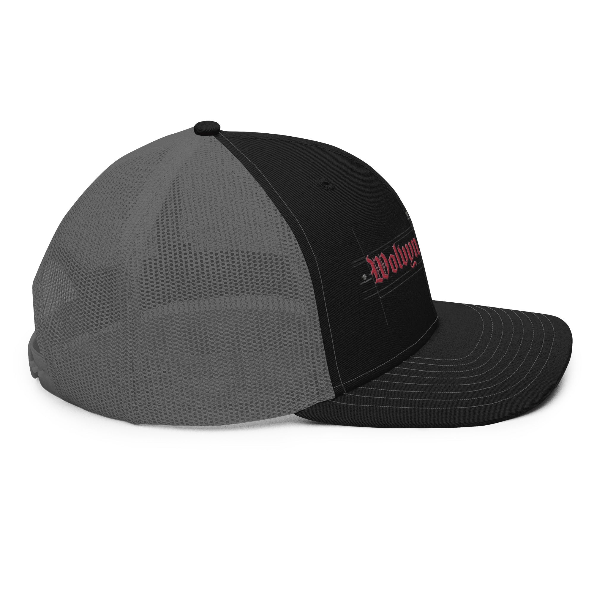 Black Richardson trucker cap with mesh back and red embroidered logo on the front