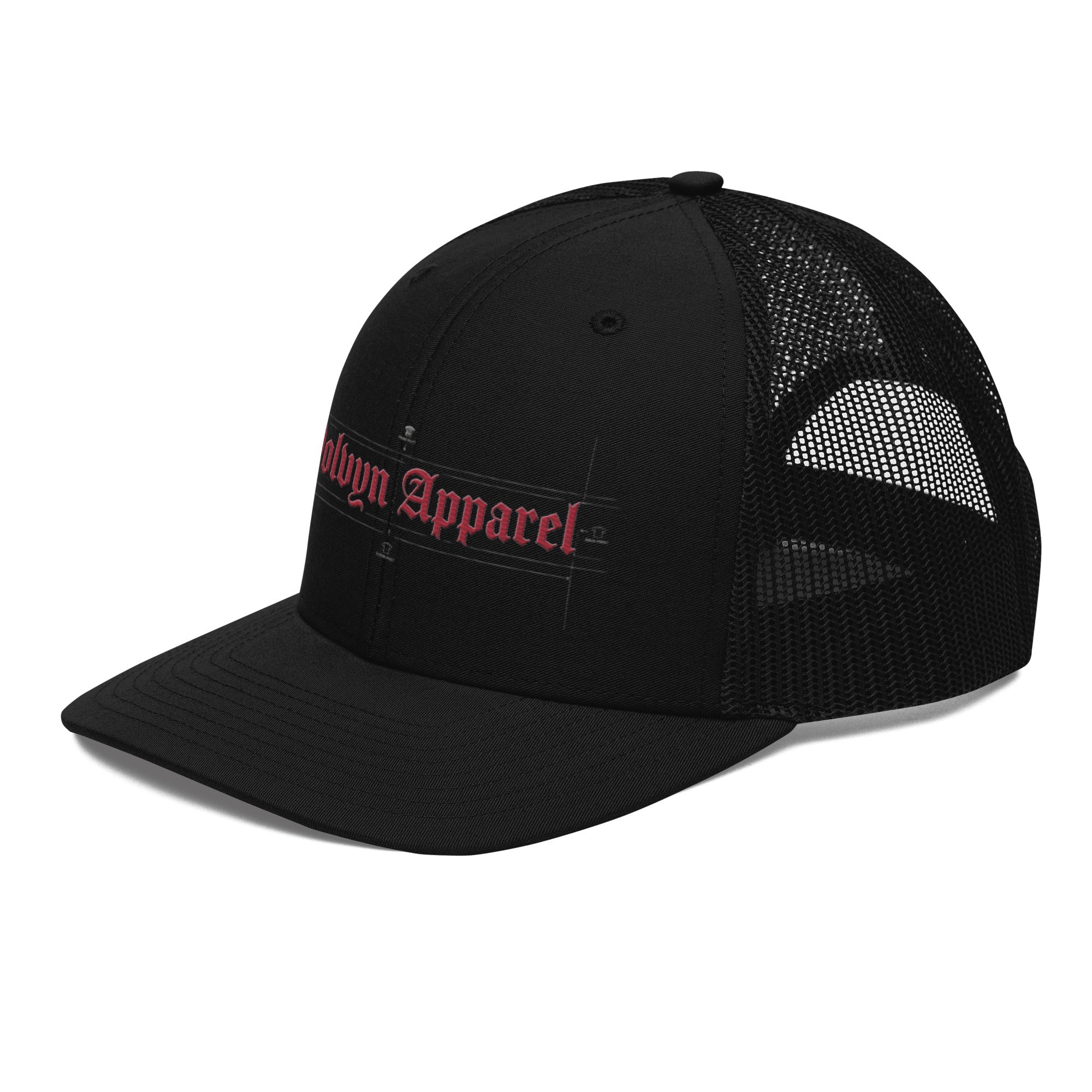 Black mesh trucker cap with red embroidered Gothic text and blueprint-style accents