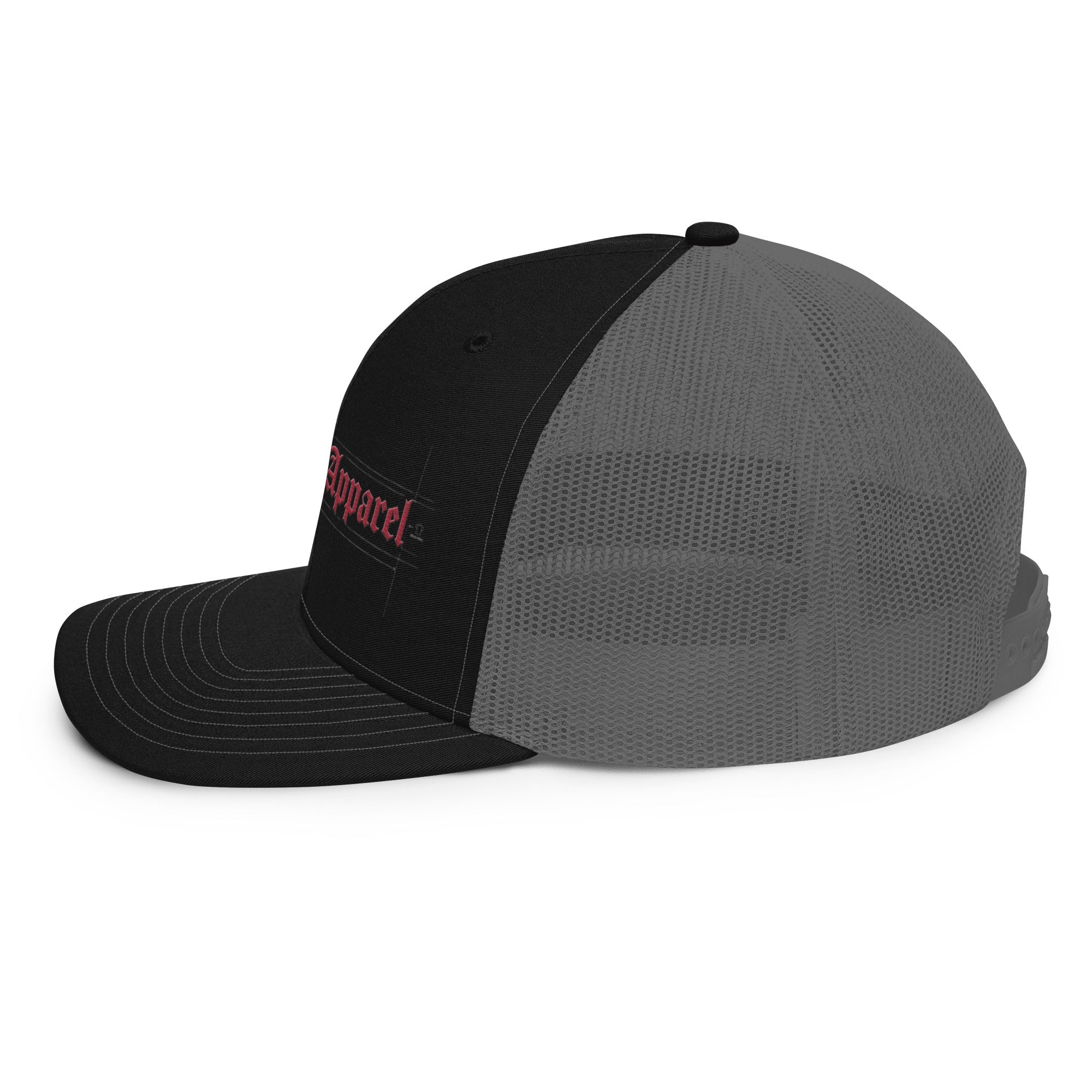 Black mesh trucker cap with premium embroidered red script on the front panel