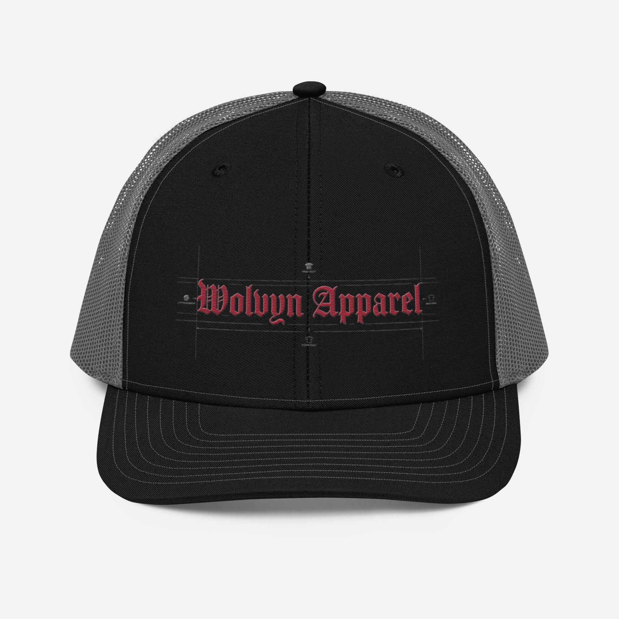 Black and gray trucker cap with red embroidered text, mesh back, and curved bill.