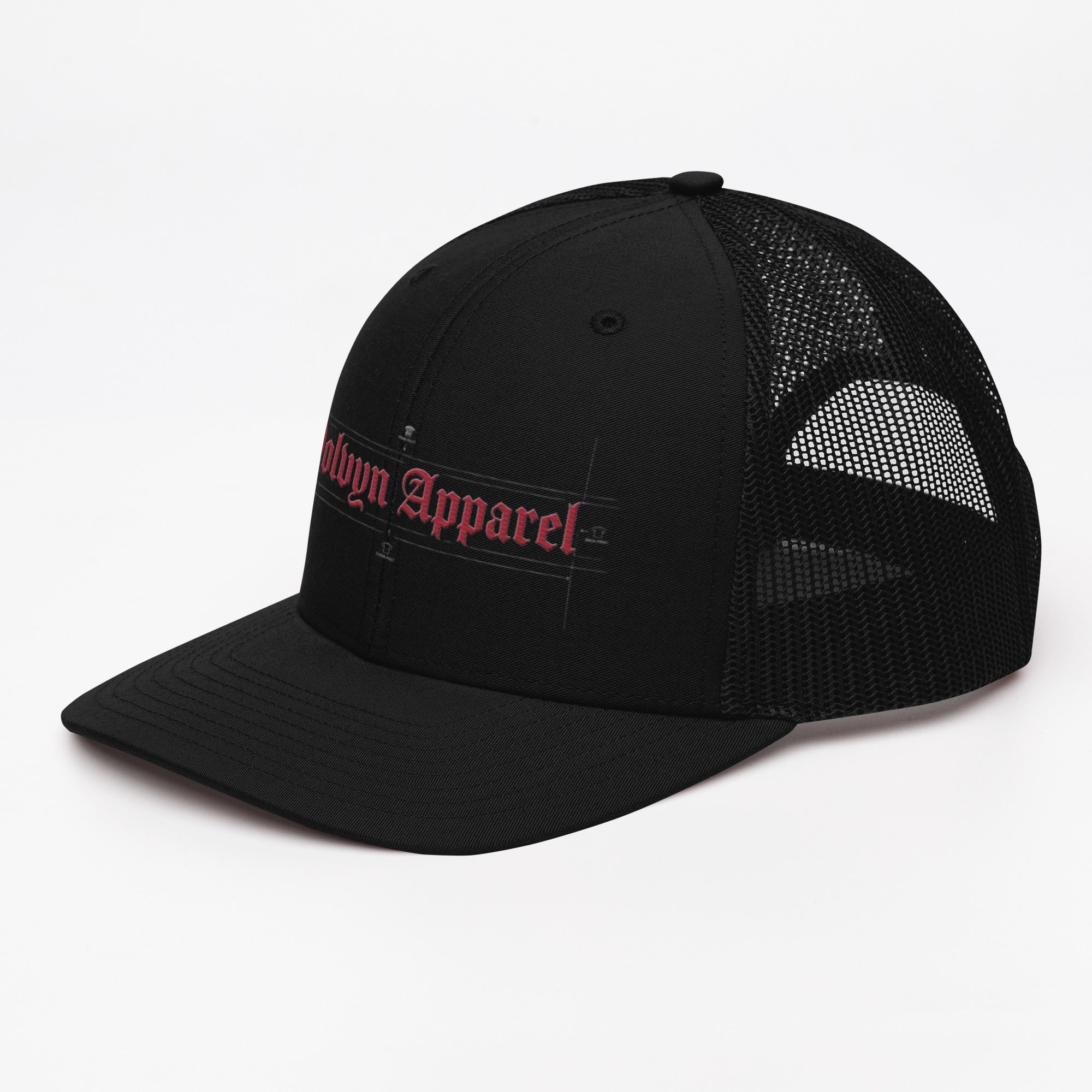 Black embroidered trucker cap with mesh back and red gothic script front logo