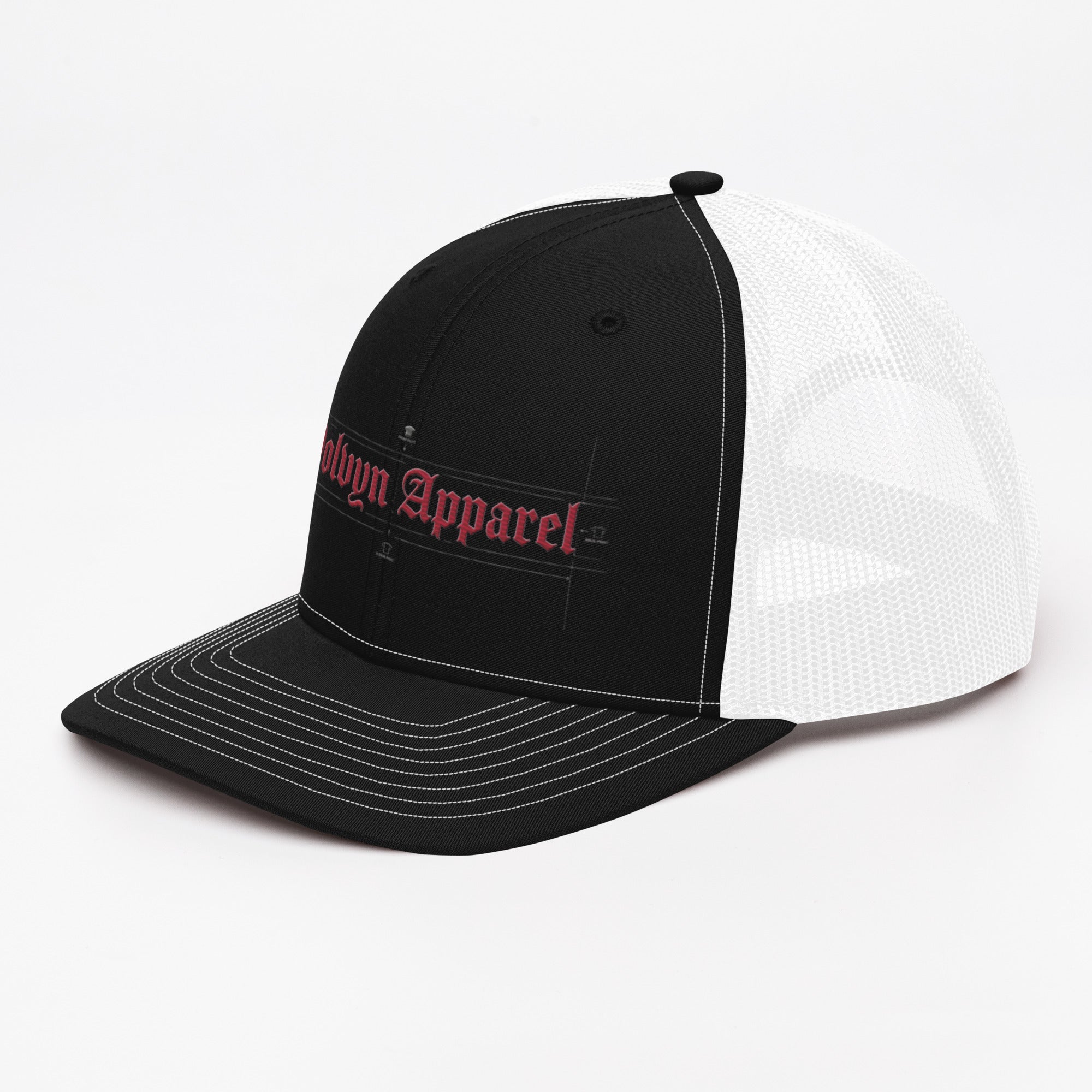 Black and white trucker cap with embroidered red gothic text and mesh back panel
