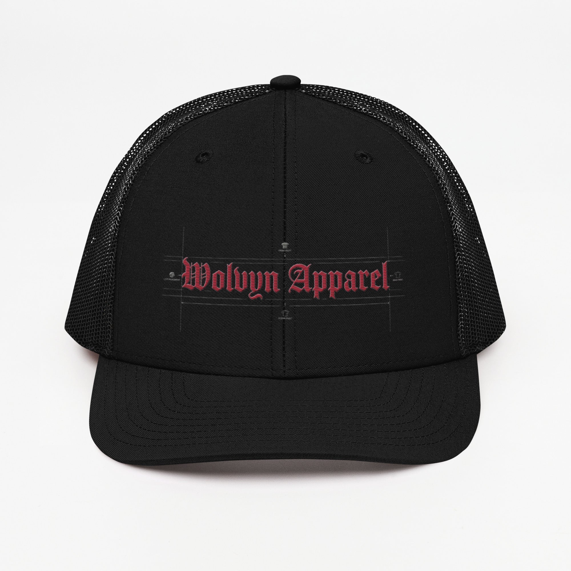 Black trucker cap with mesh back and red 'Wolvyn Apparel' embroidered on the front