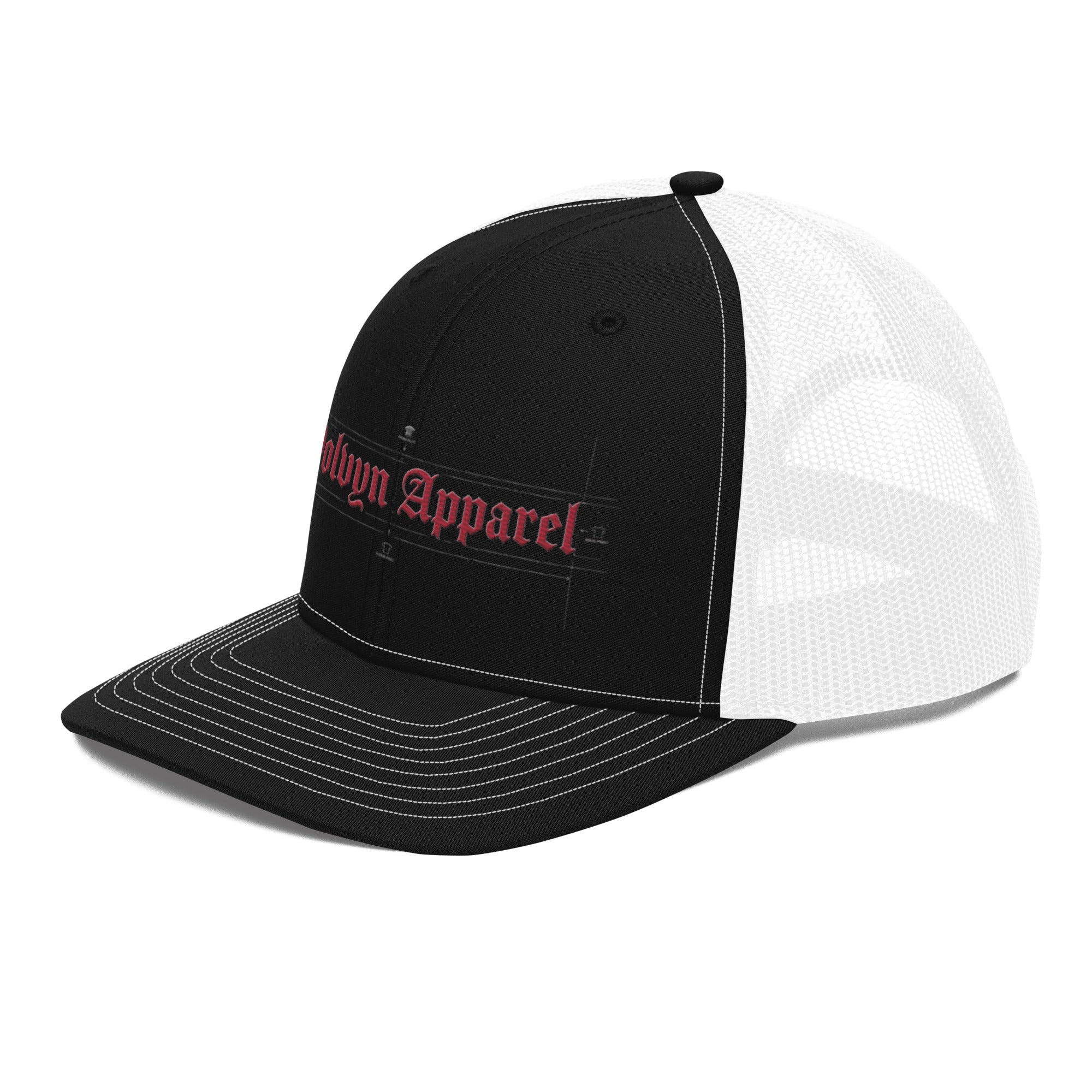 Black and white trucker cap with mesh back and red embroidered Gothic text on the front panel