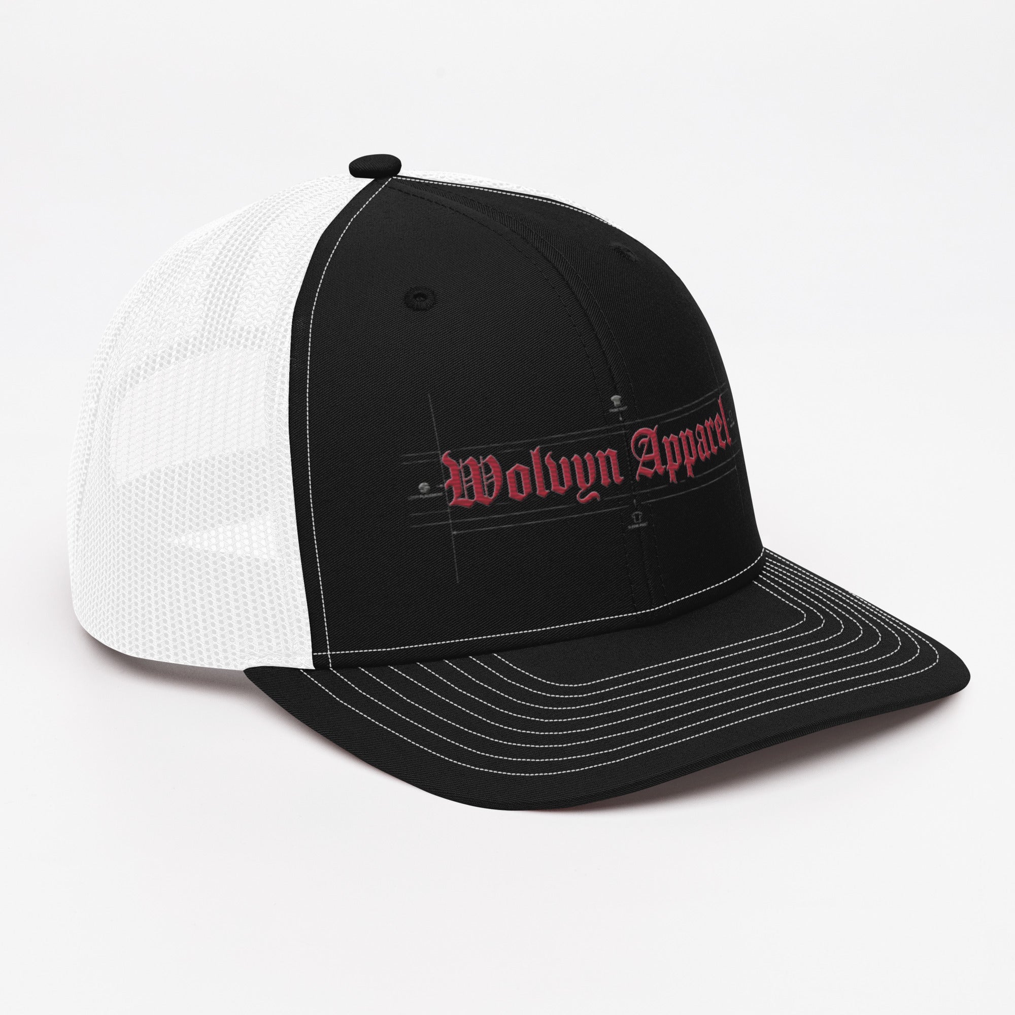 Black and white trucker cap with mesh back and red embroidered text on the front panel