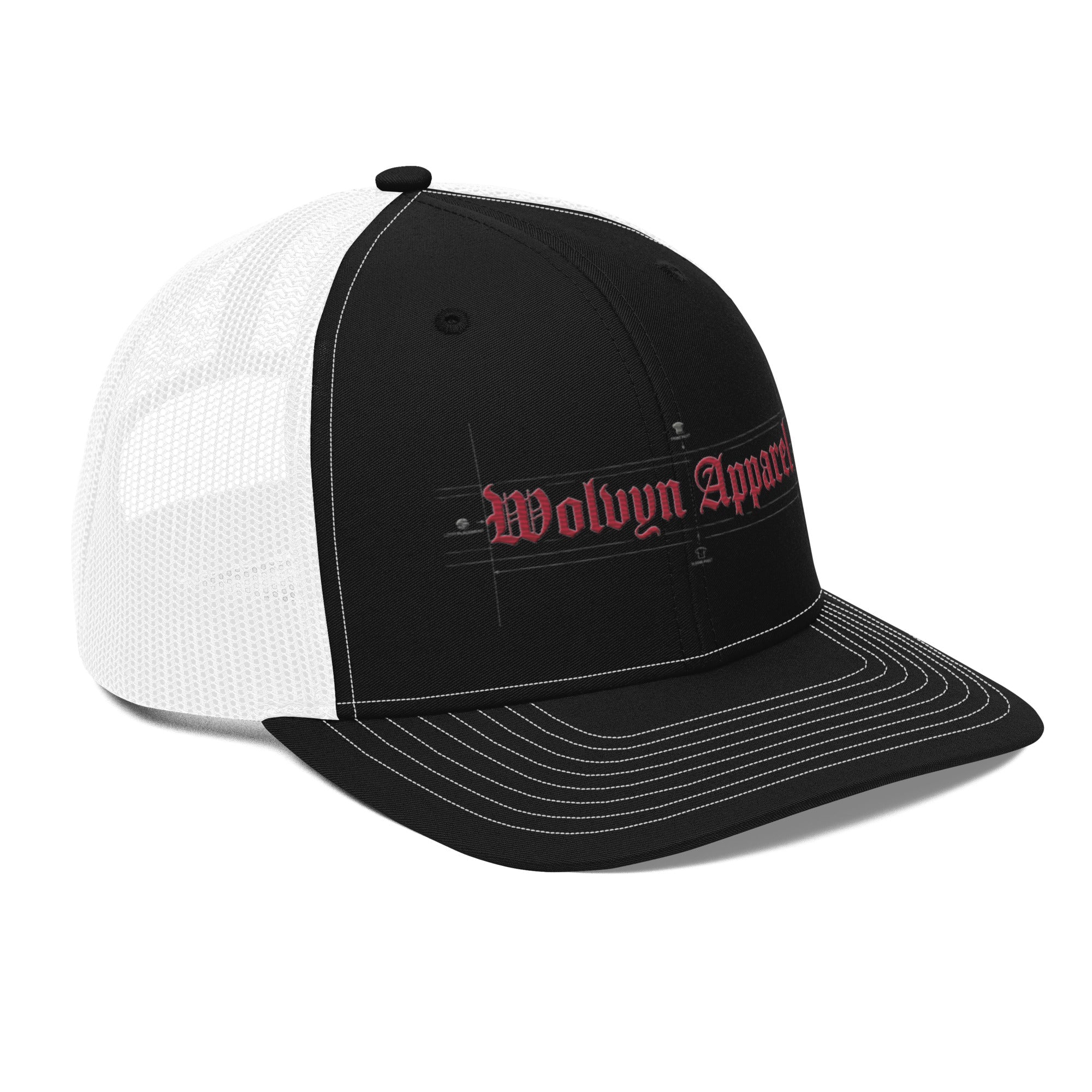 Black and white trucker cap with mesh back and red embroidered text on the front panel