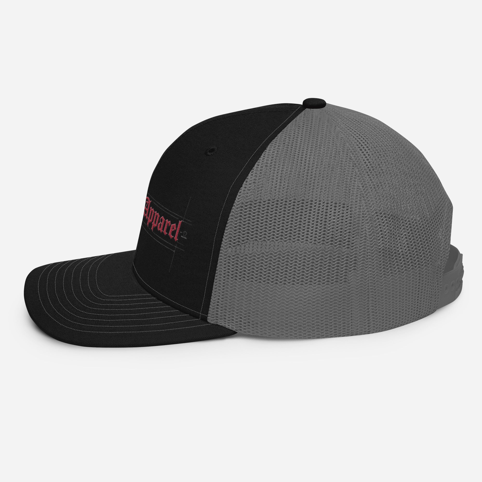 Black and gray mesh trucker cap with red embroidered text and structured bill