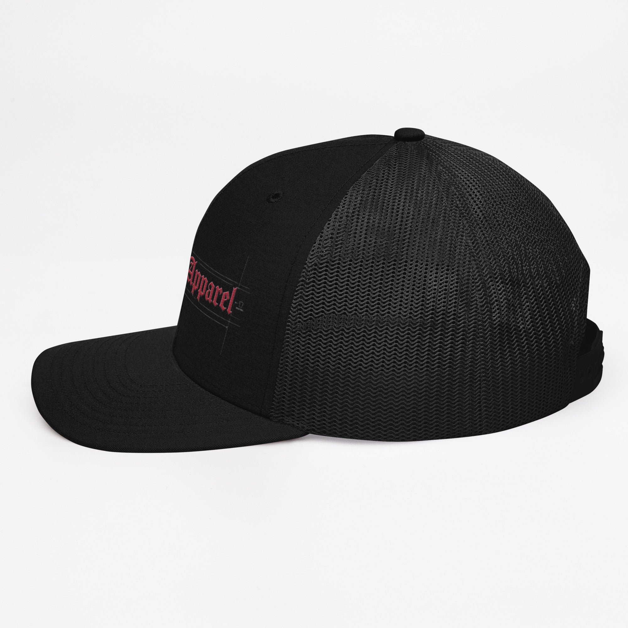 Black mesh trucker cap with red embroidered 'Apparel' text, side profile view