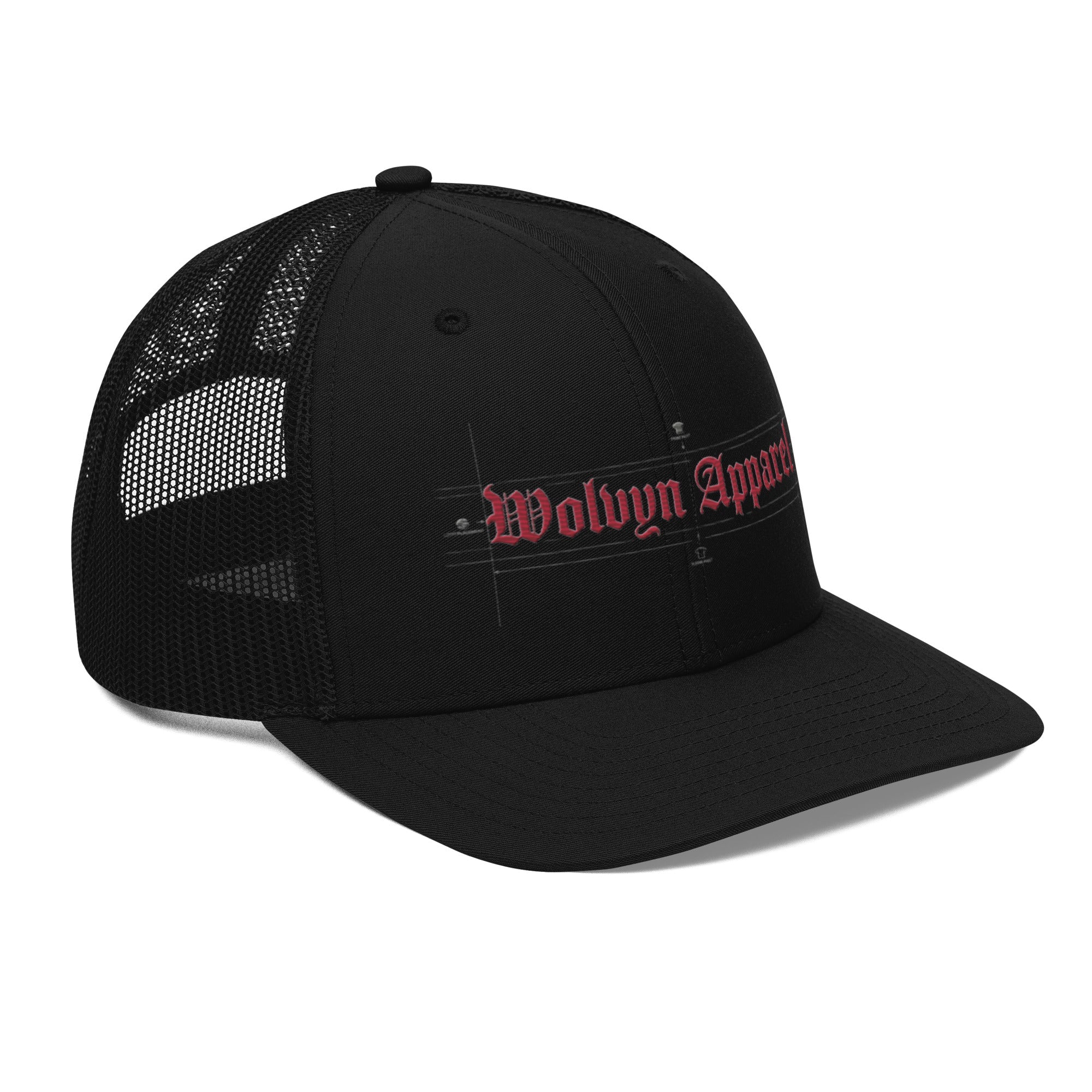 Black mesh trucker cap with red embroidered Wolvyn Apparel logo on the front panel