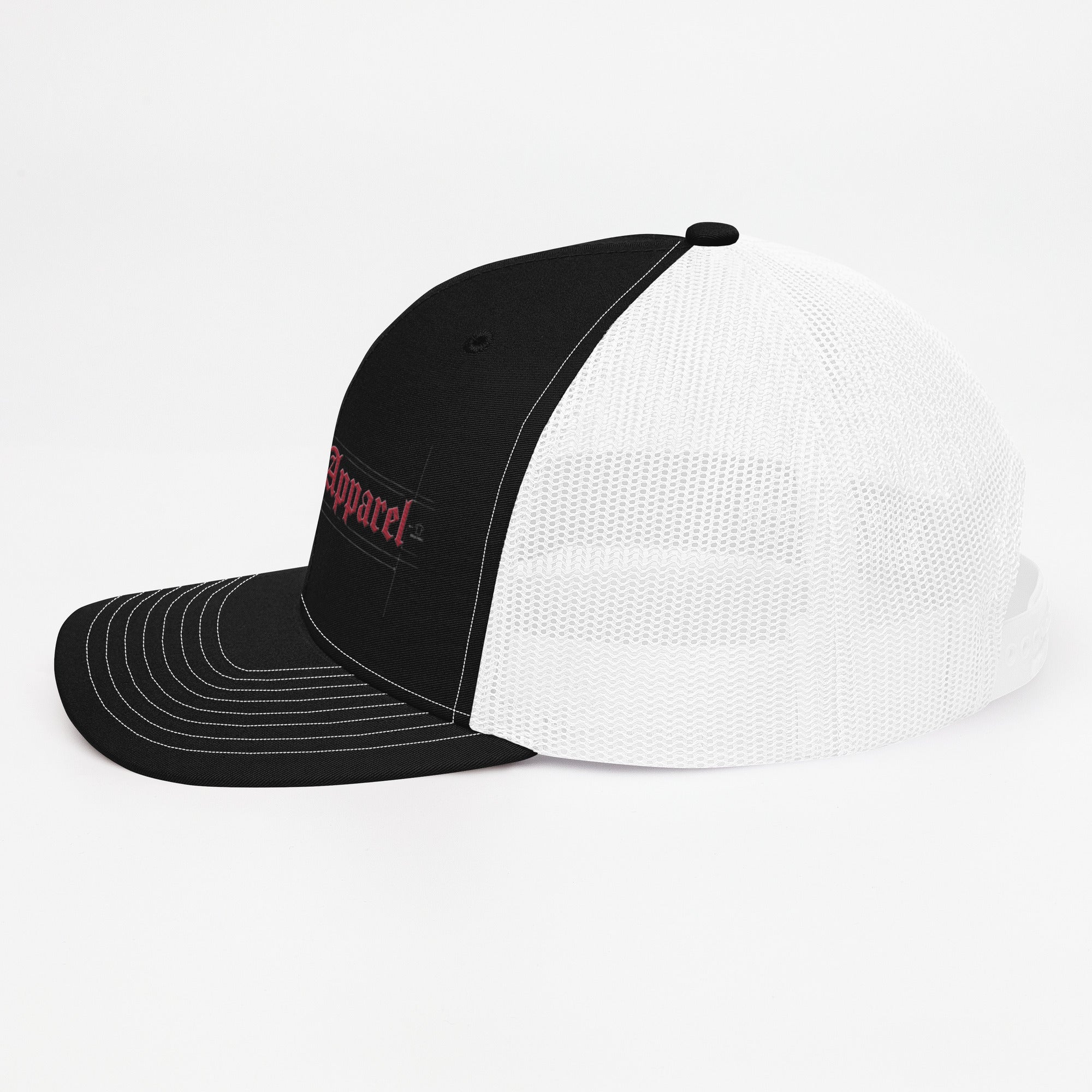 Black and white mesh trucker cap with red embroidered text and white contrast stitching