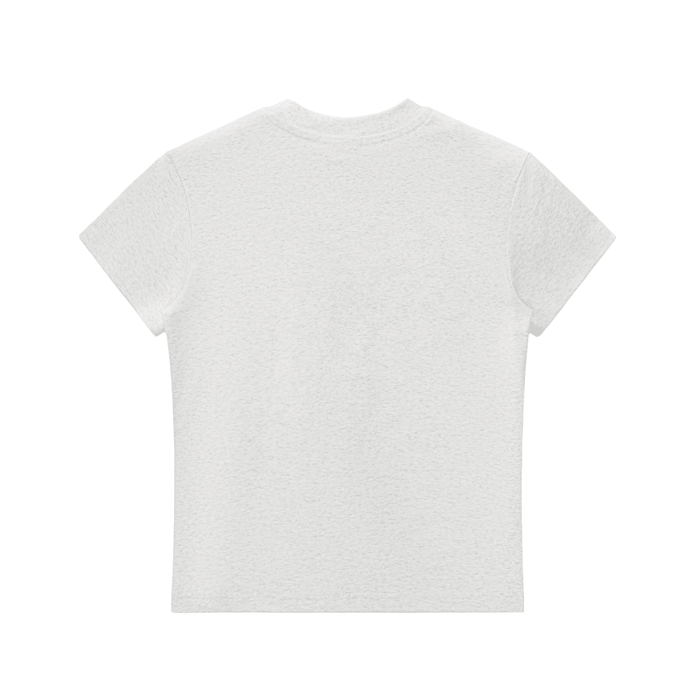 Back view of plain white crewneck bodycon t-shirt with short sleeves on white background