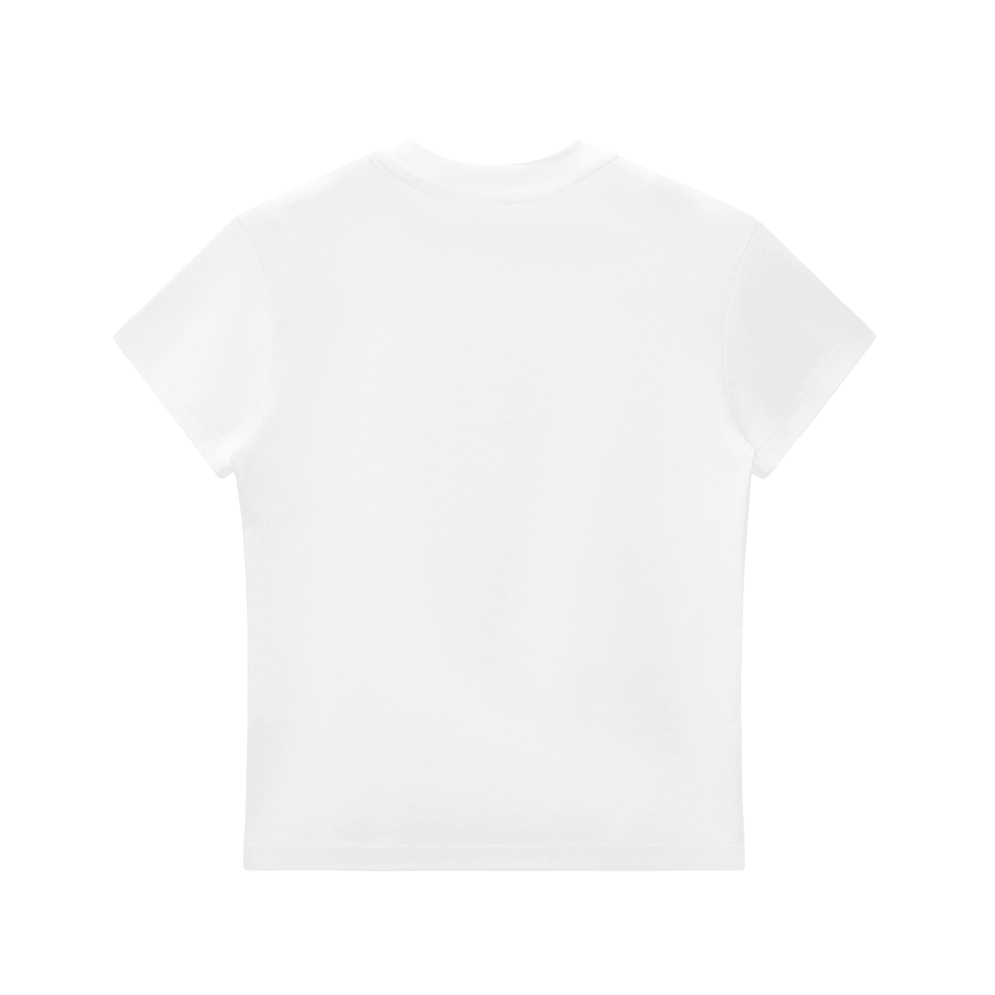 Back view of plain white crewneck bodycon t-shirt with short sleeves on white background