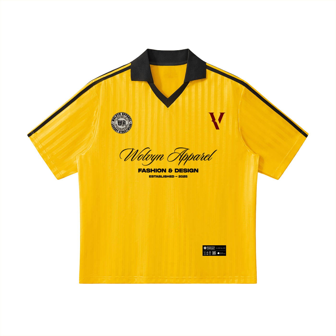 Yellow heavyweight streetwear jersey with black collar, bold design details, and striped accents