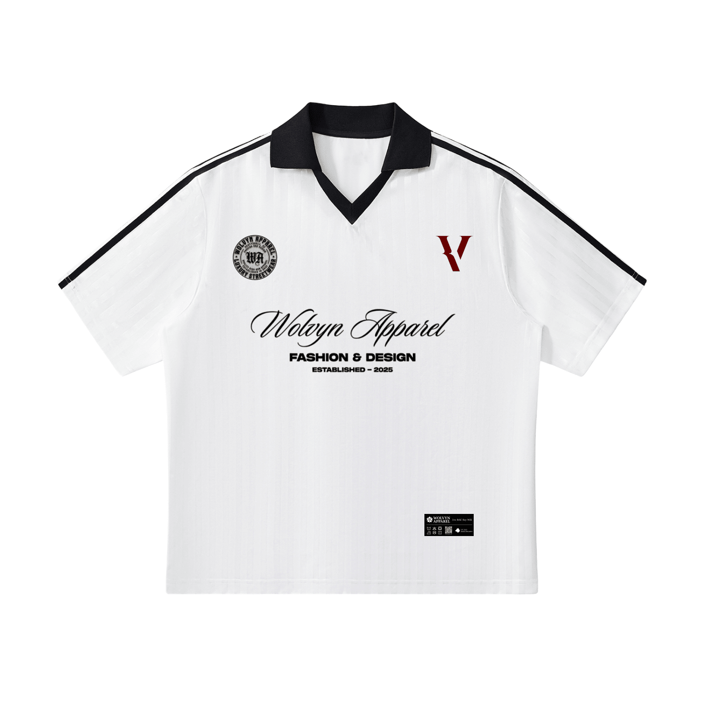 White heavyweight streetwear jersey with black collar, black stripes, and bold graphic logos.