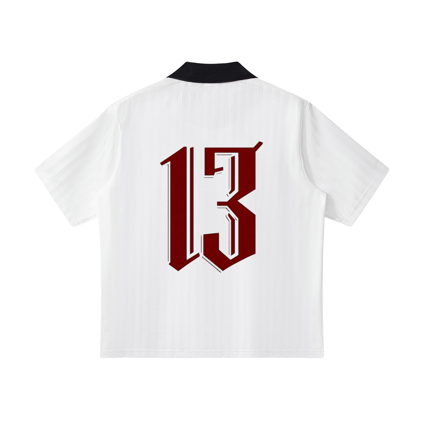 White heavyweight streetwear shirt with bold red number 13 and black collar