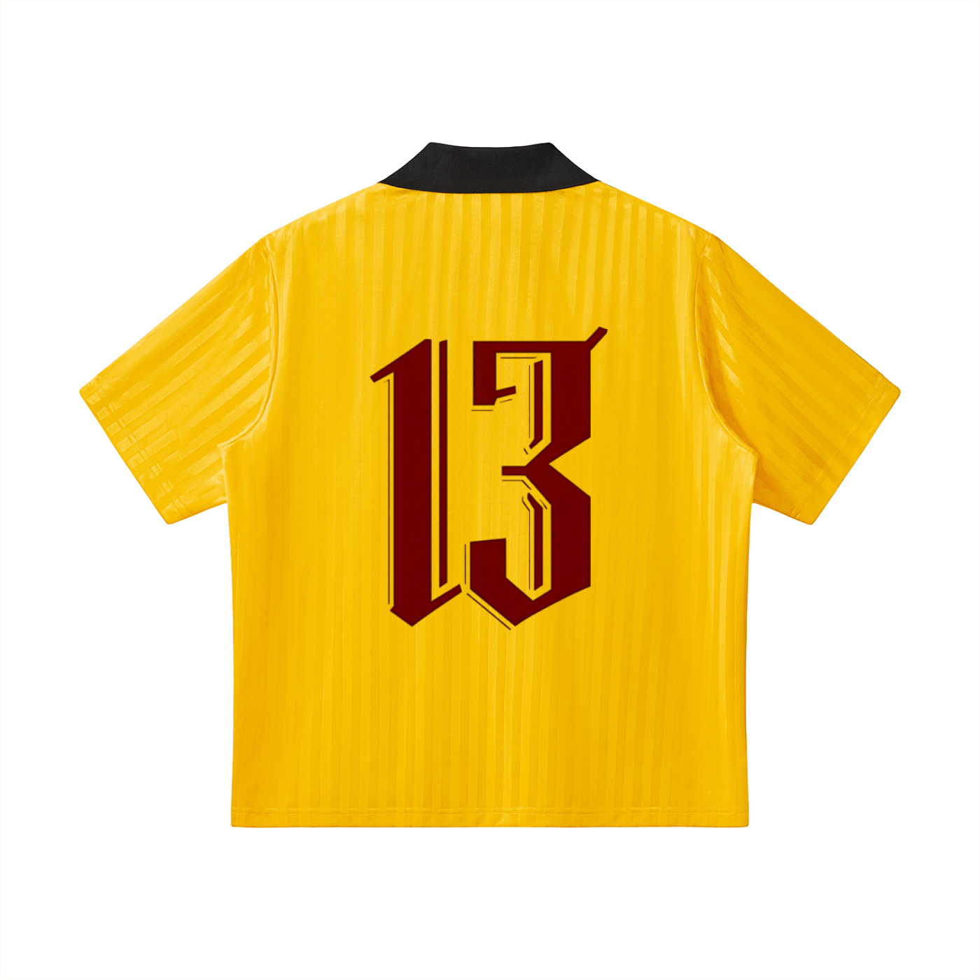 Yellow short sleeve shirt with bold red number 13 on back and black collar, streetwear style