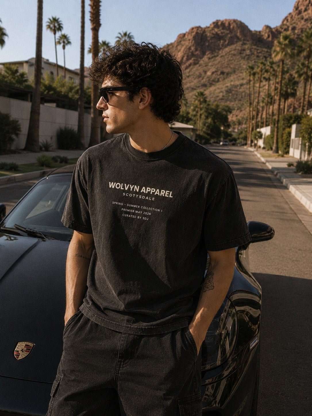 Man wearing vintage washed graphic t-shirt and sunglasses, standing beside black luxury car on palm-lined street with mountains in the background.