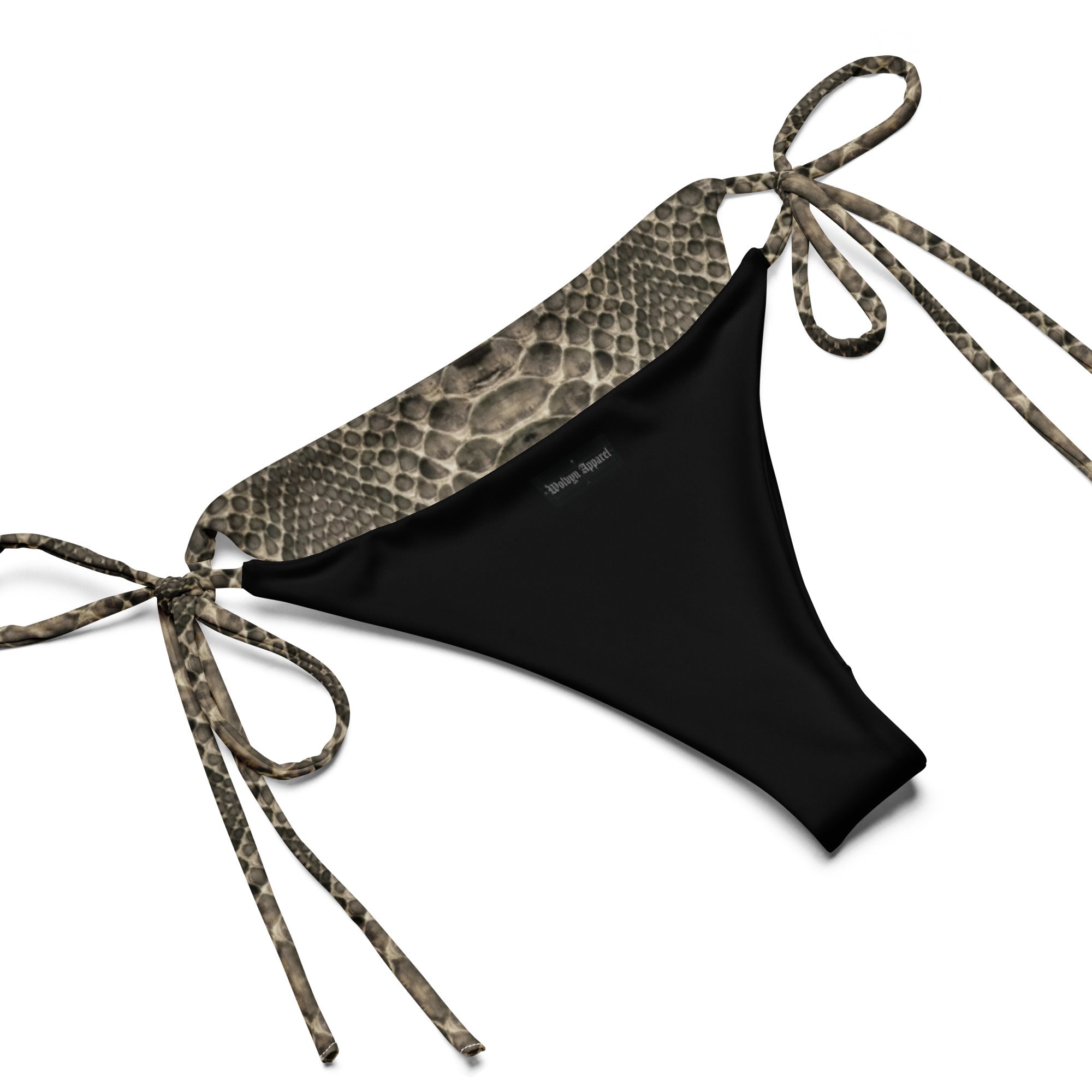 Black bikini bottom with desert snake print waistband and tie sides, laid flat on white background