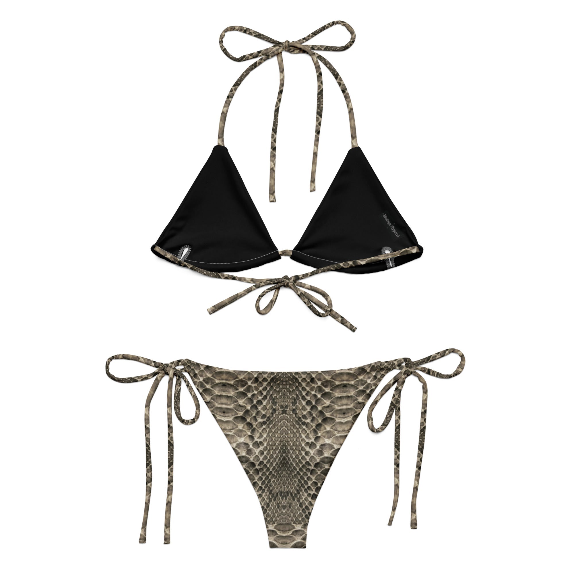 Desert snake print string bikini with black triangle top and tie-side bottoms