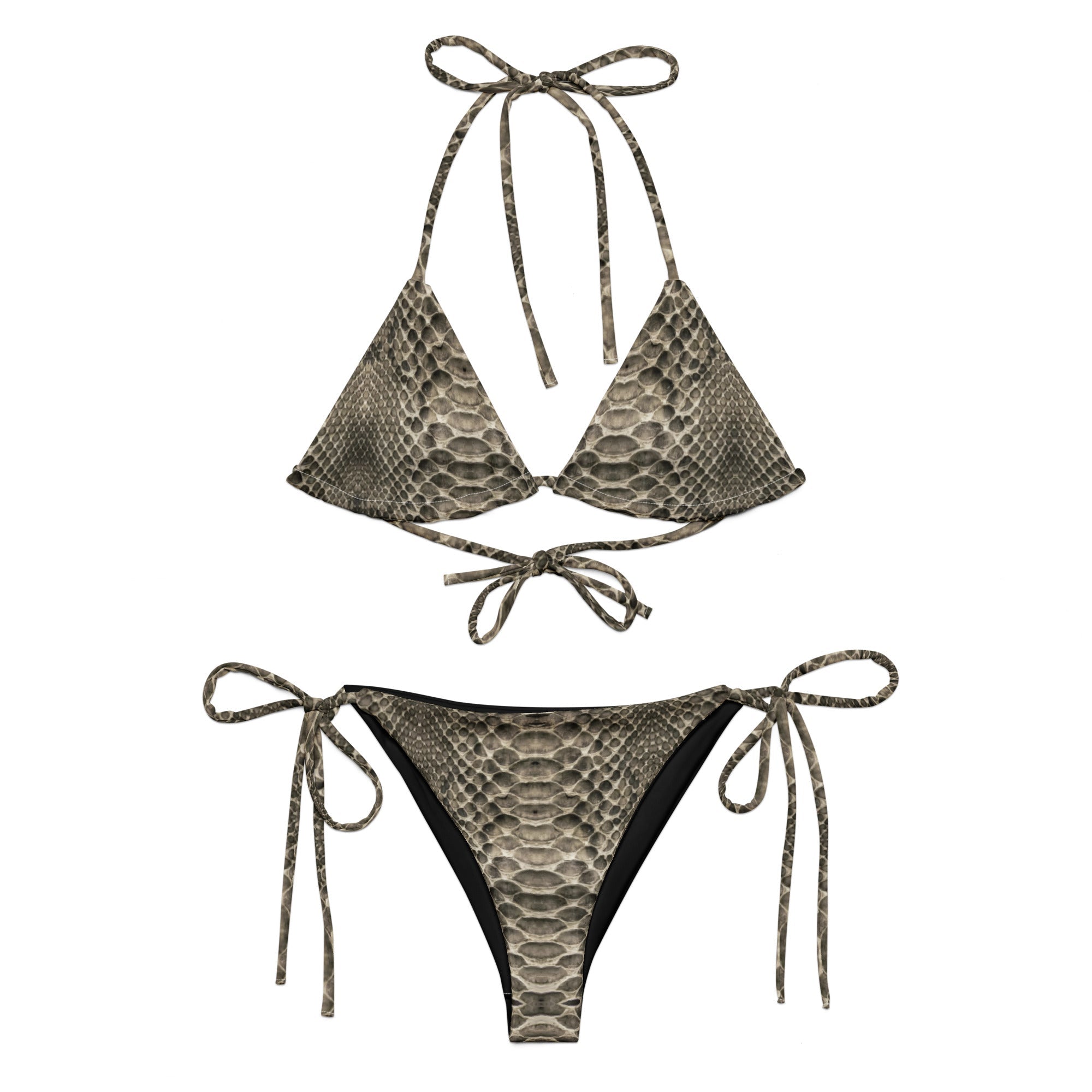Desert snake print string bikini with tie closures, all-over reptile pattern, recycled fabric