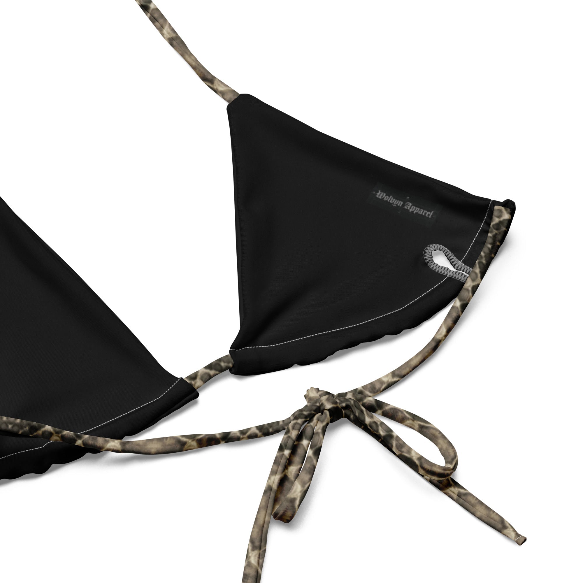 Black triangle bikini top with snake-print straps and subtle logo detail