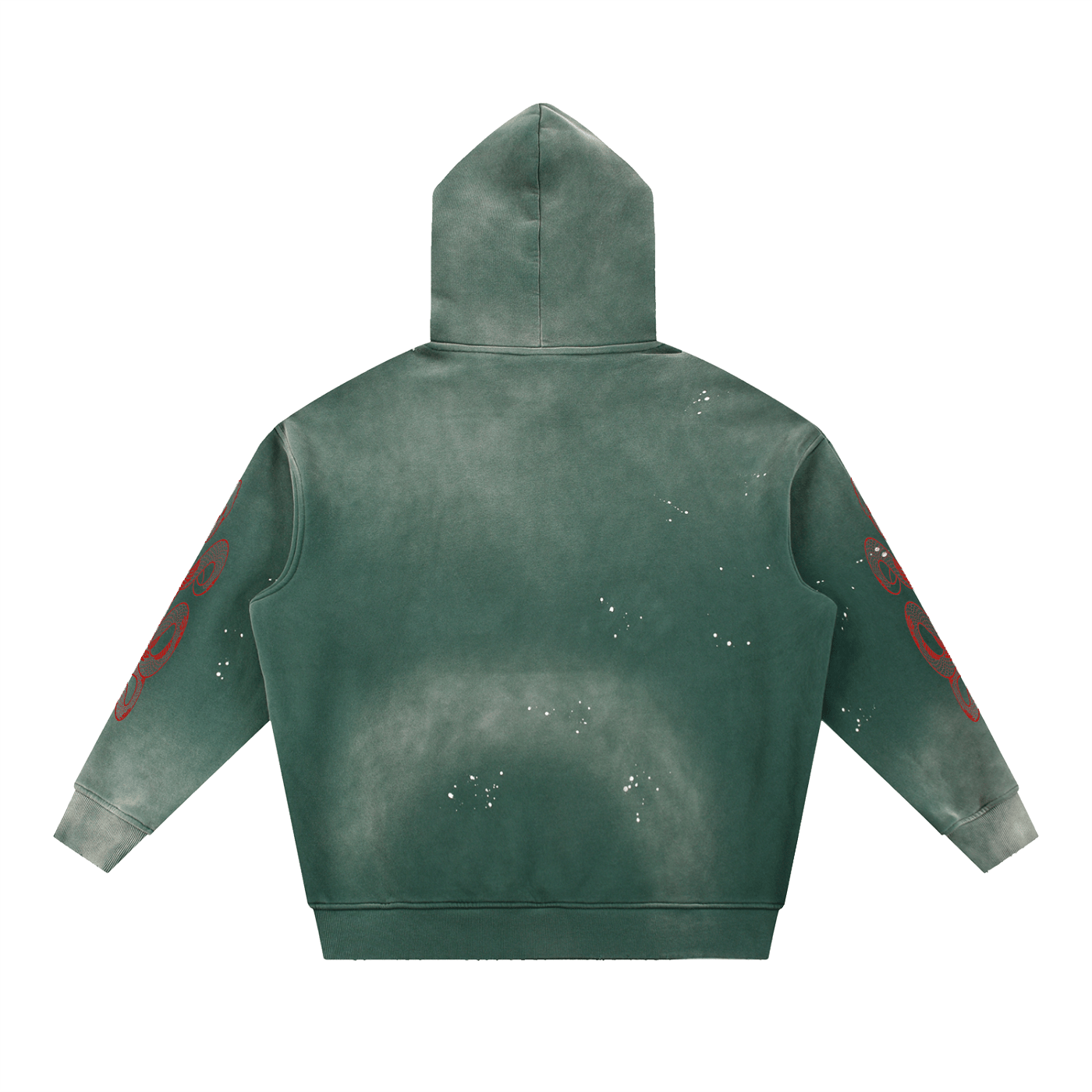 Desert weathered green fleece hoodie with frayed details, red sleeve graphics, and distressing