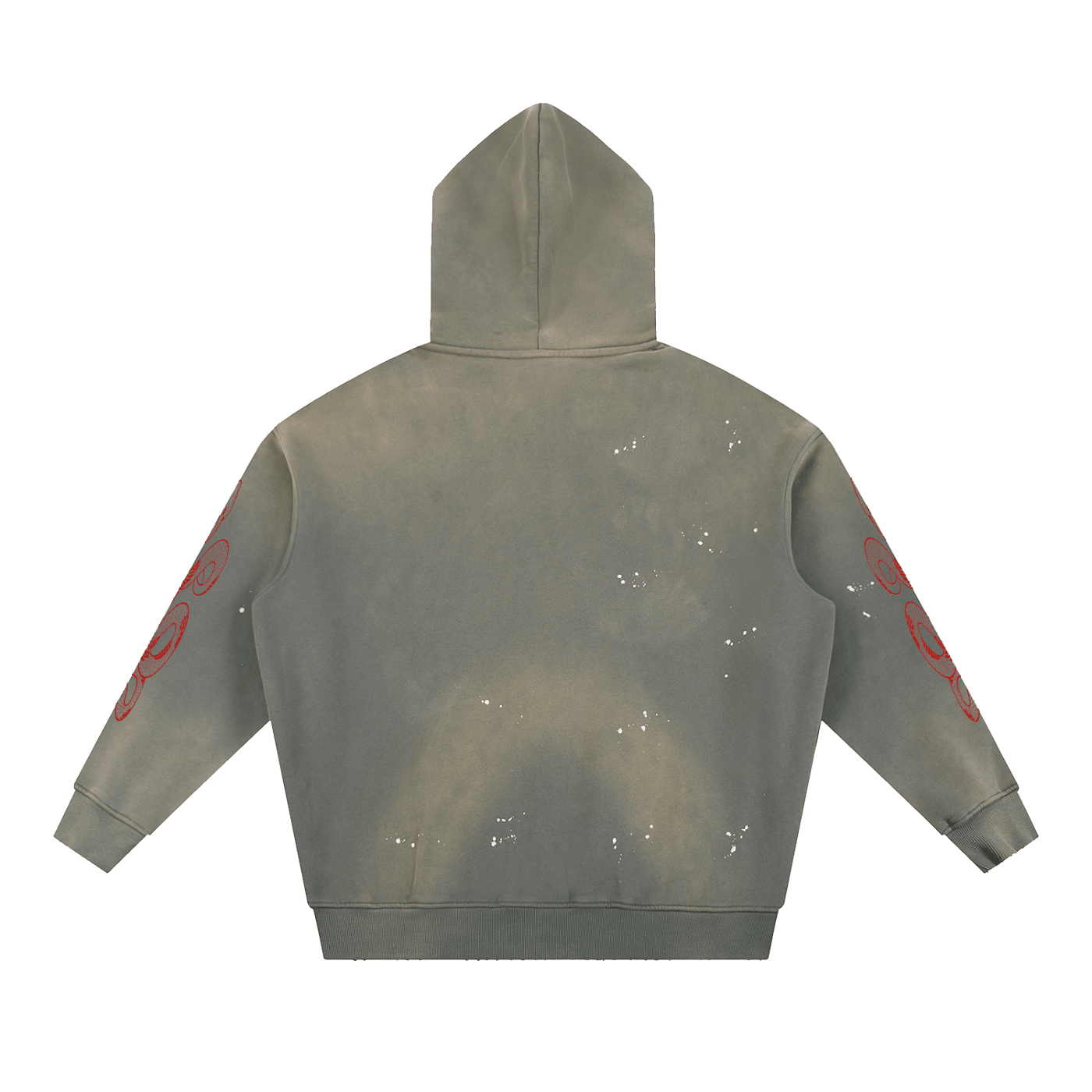 Desert weathered oversized fleece hoodie with frayed details and red graphic sleeves