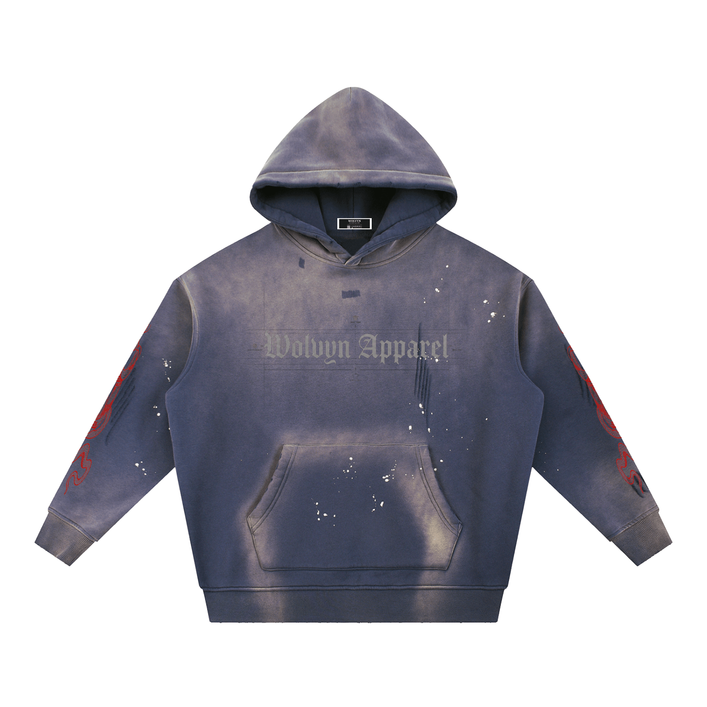 Desert weathered navy fleece hoodie with frayed details, red sleeve graphic, and paint splatters