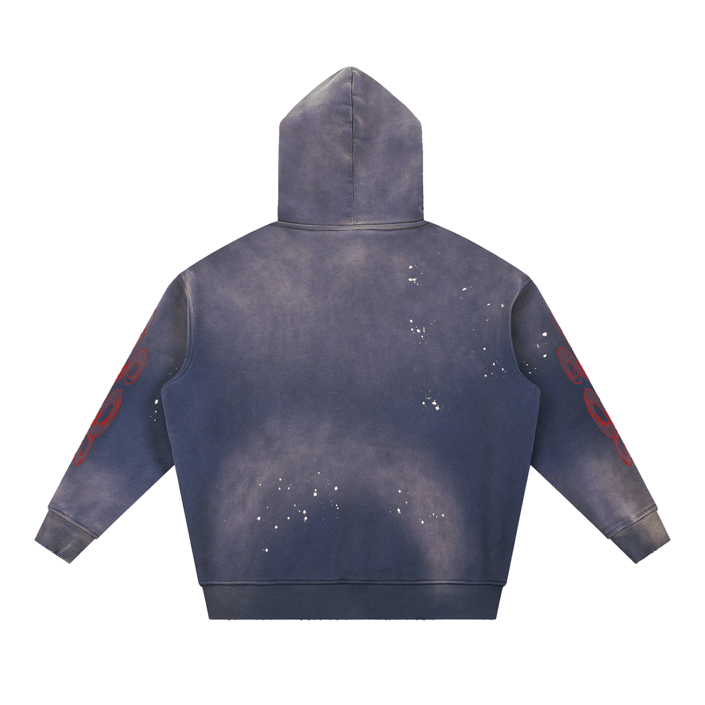 Desert weathered fleece hoodie with frayed details, faded wash, and red sleeve graphics