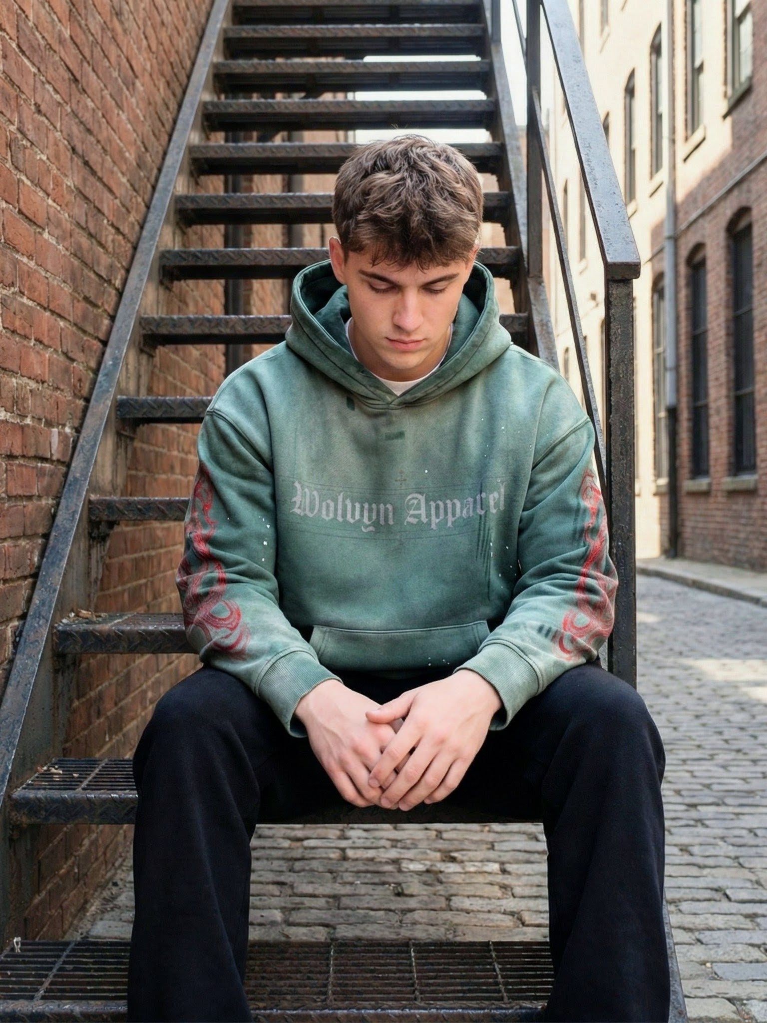 Man wearing a weathered green fleece hoodie with graphic sleeves, sitting on outdoor stairs