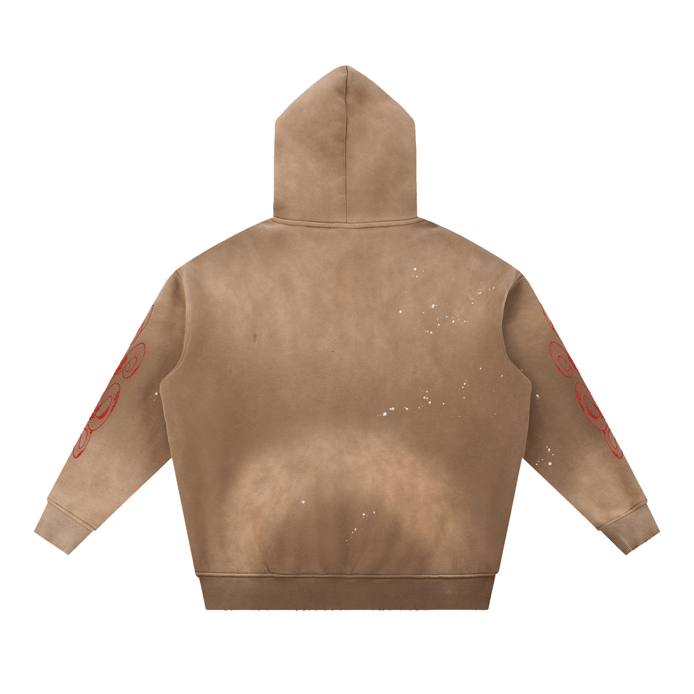 Desert brown fleece hoodie with weathered finish, frayed details, and red graphic sleeves.