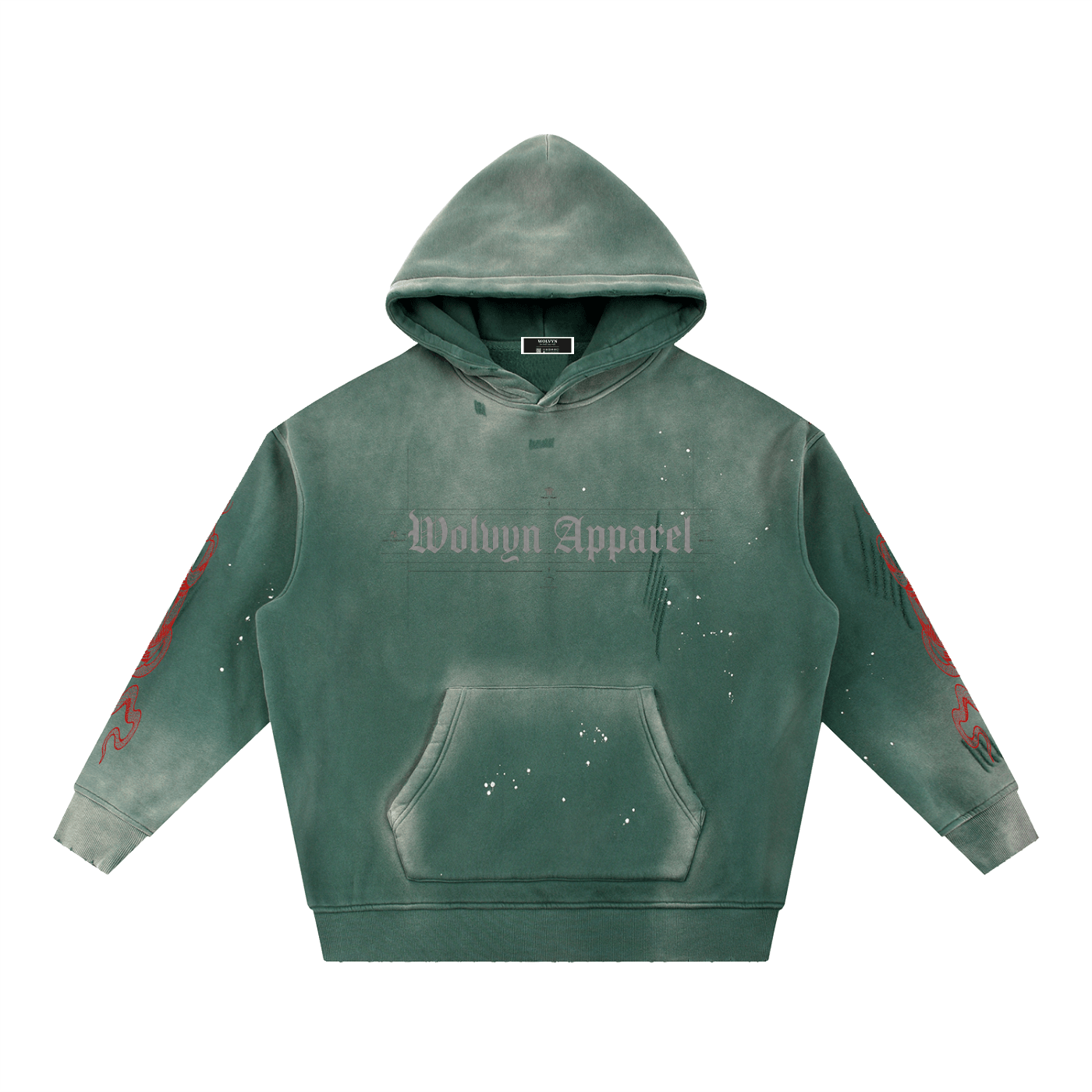 Green heavyweight fleece hoodie with frayed details, red sleeve graphics, and front pocket
