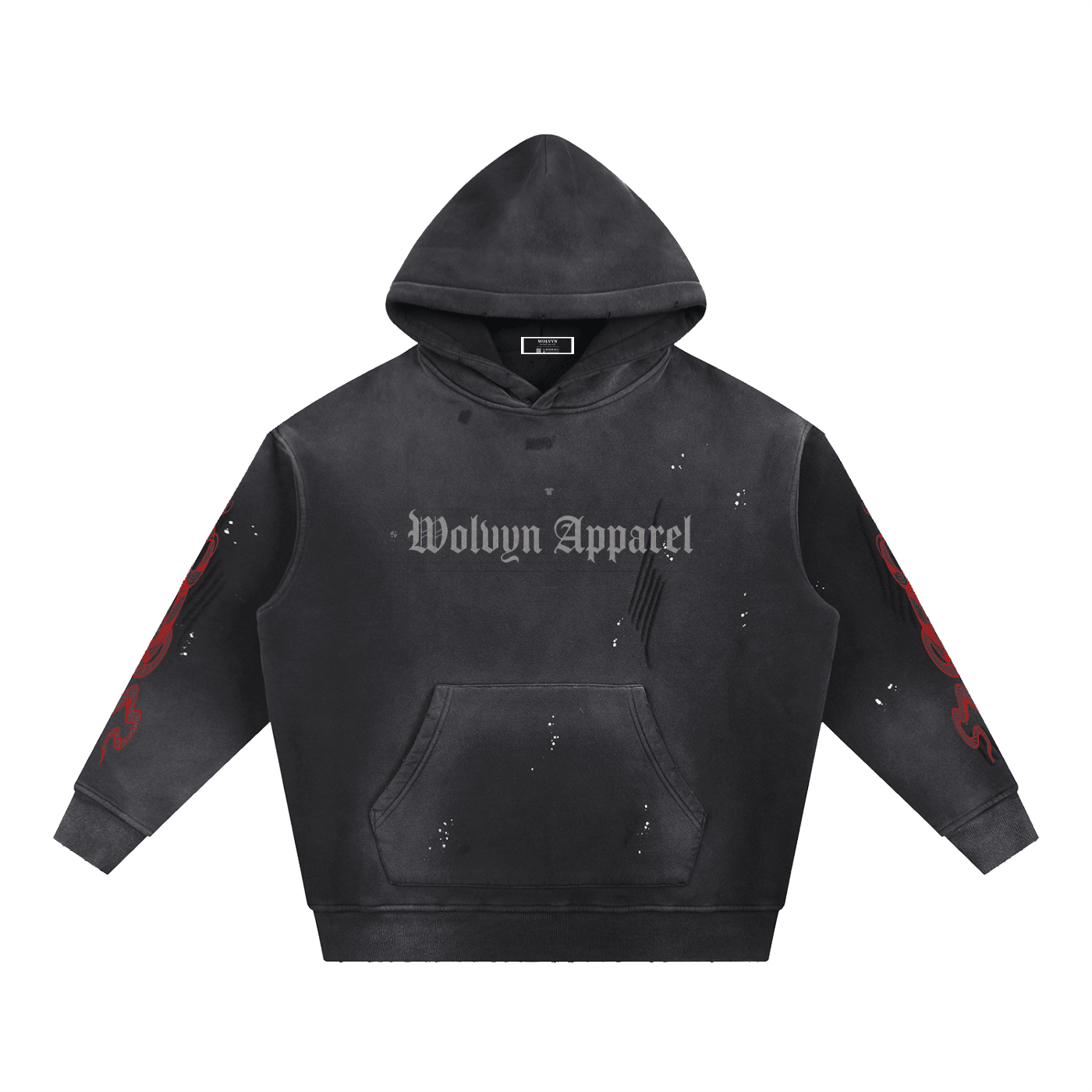 Black weathered fleece hoodie with red sleeve graphics, chest logo, and frayed details