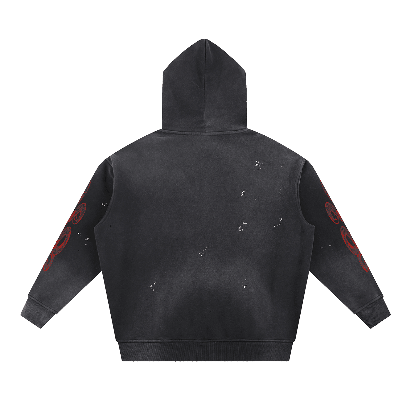 Black fleece hoodie with weathered frayed details and red graphic patterns on sleeves