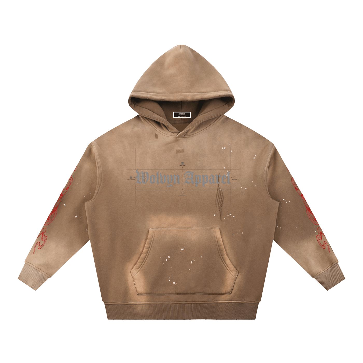 Desert brown fleece hoodie with weathered frayed details, red graphics on sleeves, front pocket