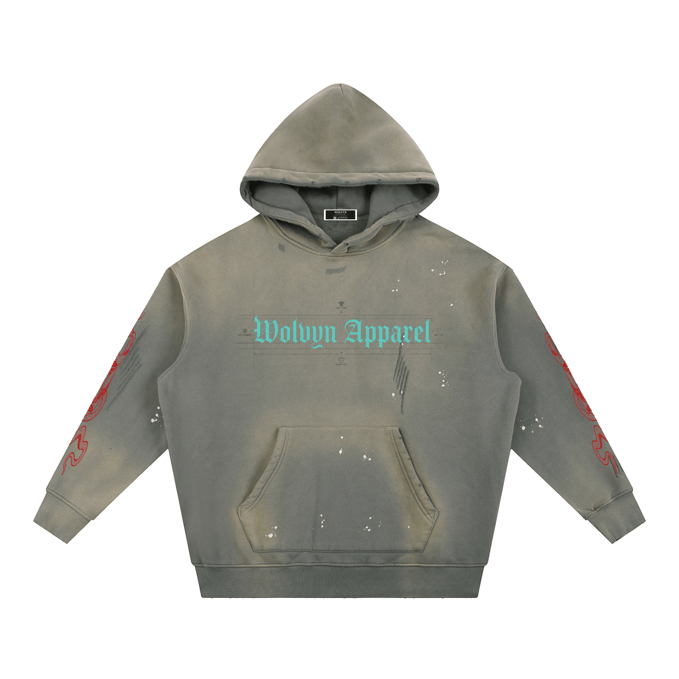 Desert weathered fleece hoodie with frayed details, dragon sleeve graphics, front logo print