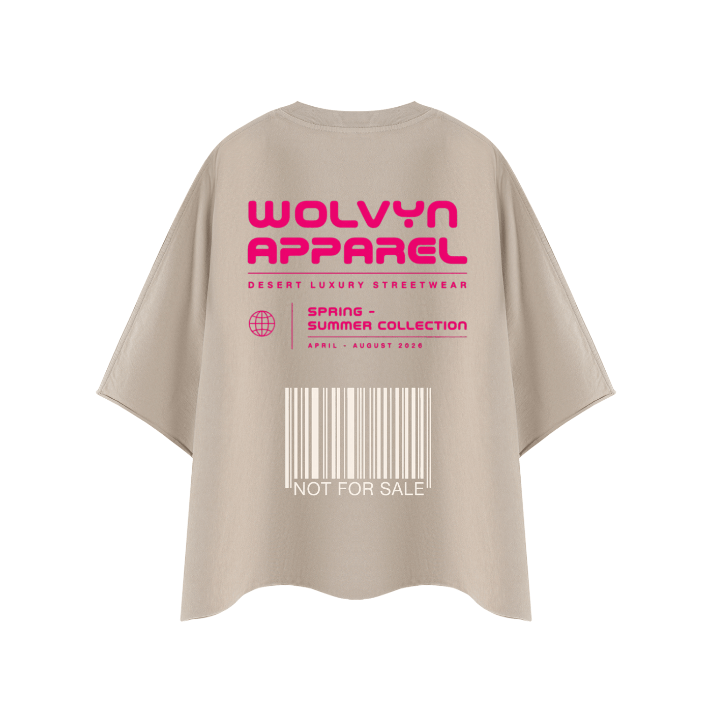 Beige boxy raw edge unisex t-shirt with bold pink streetwear graphics and barcode design on back