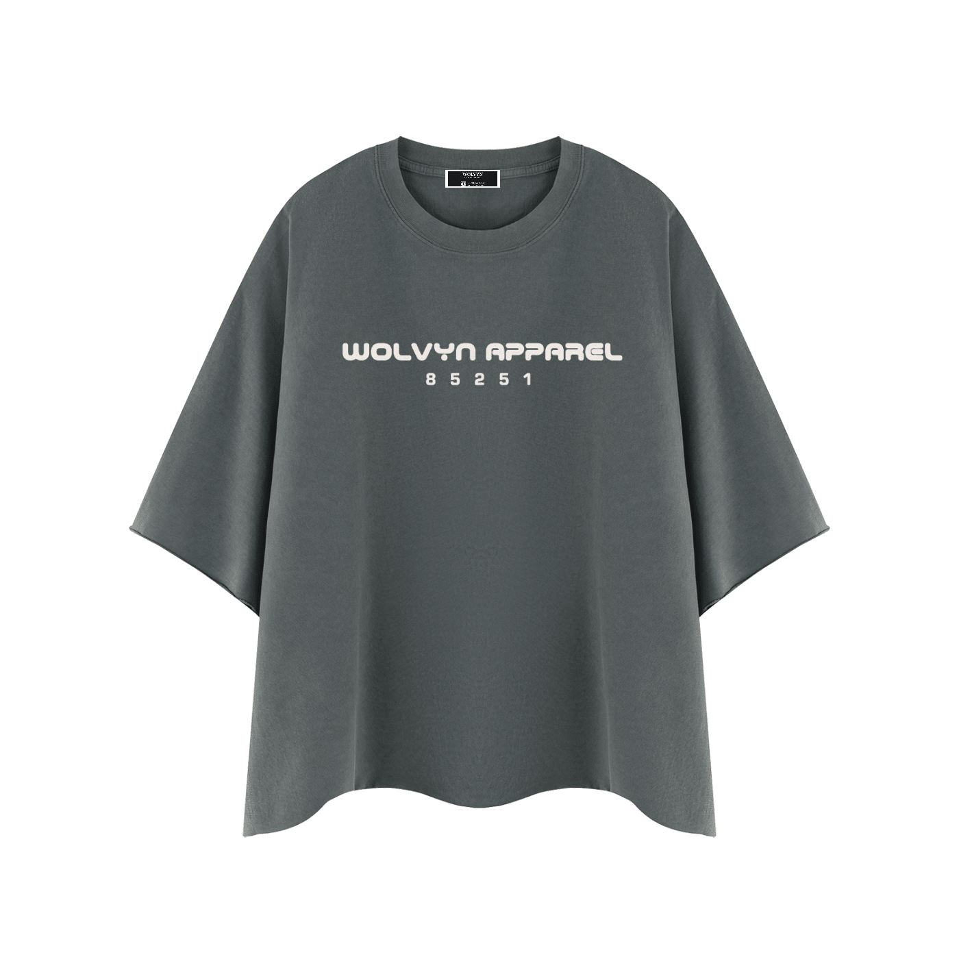 Gray oversized heavyweight unisex t-shirt with bold chest logo and raw edge hem