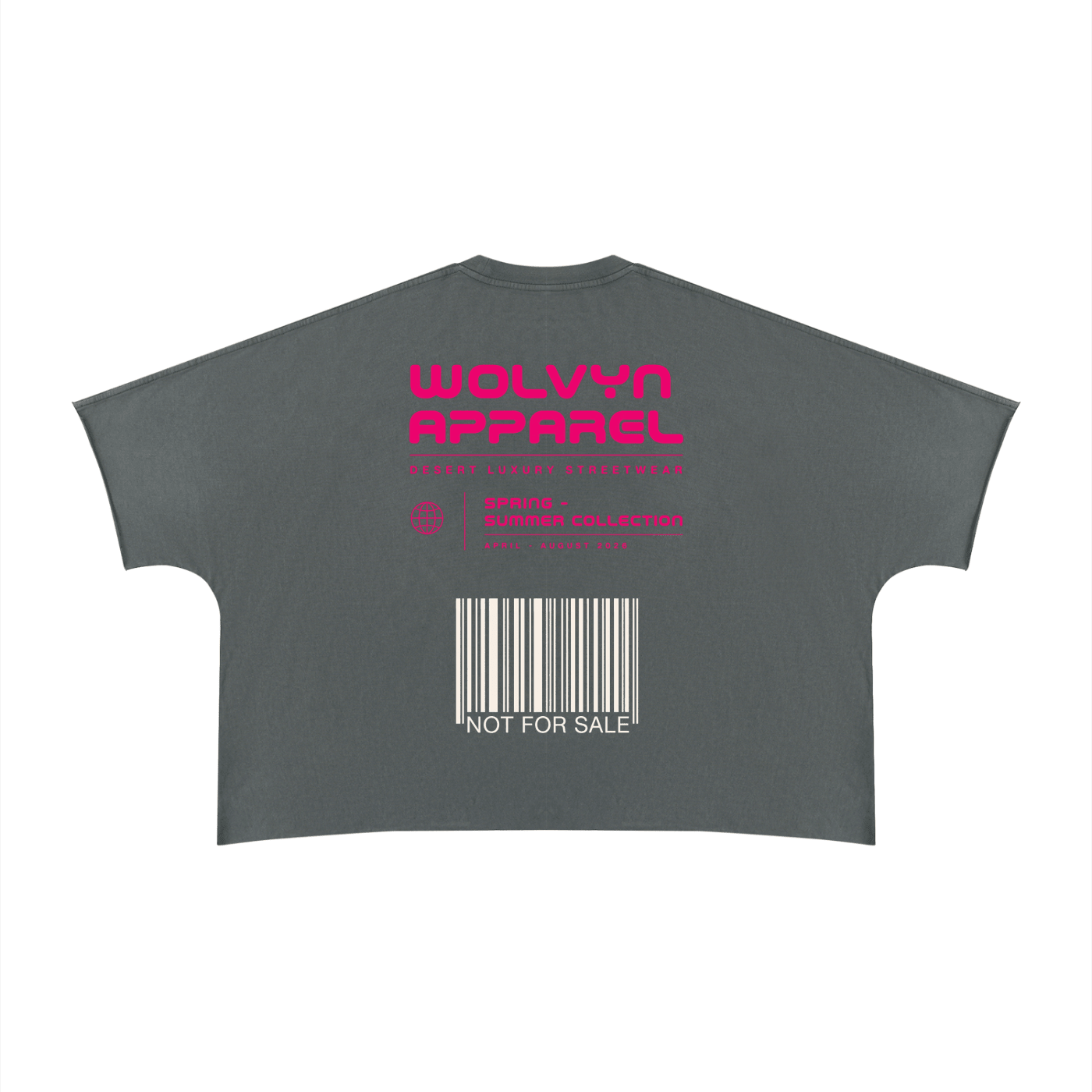 Charcoal boxy unisex T-shirt with bold pink graphic, barcode, and 'NOT FOR SALE' text on back.