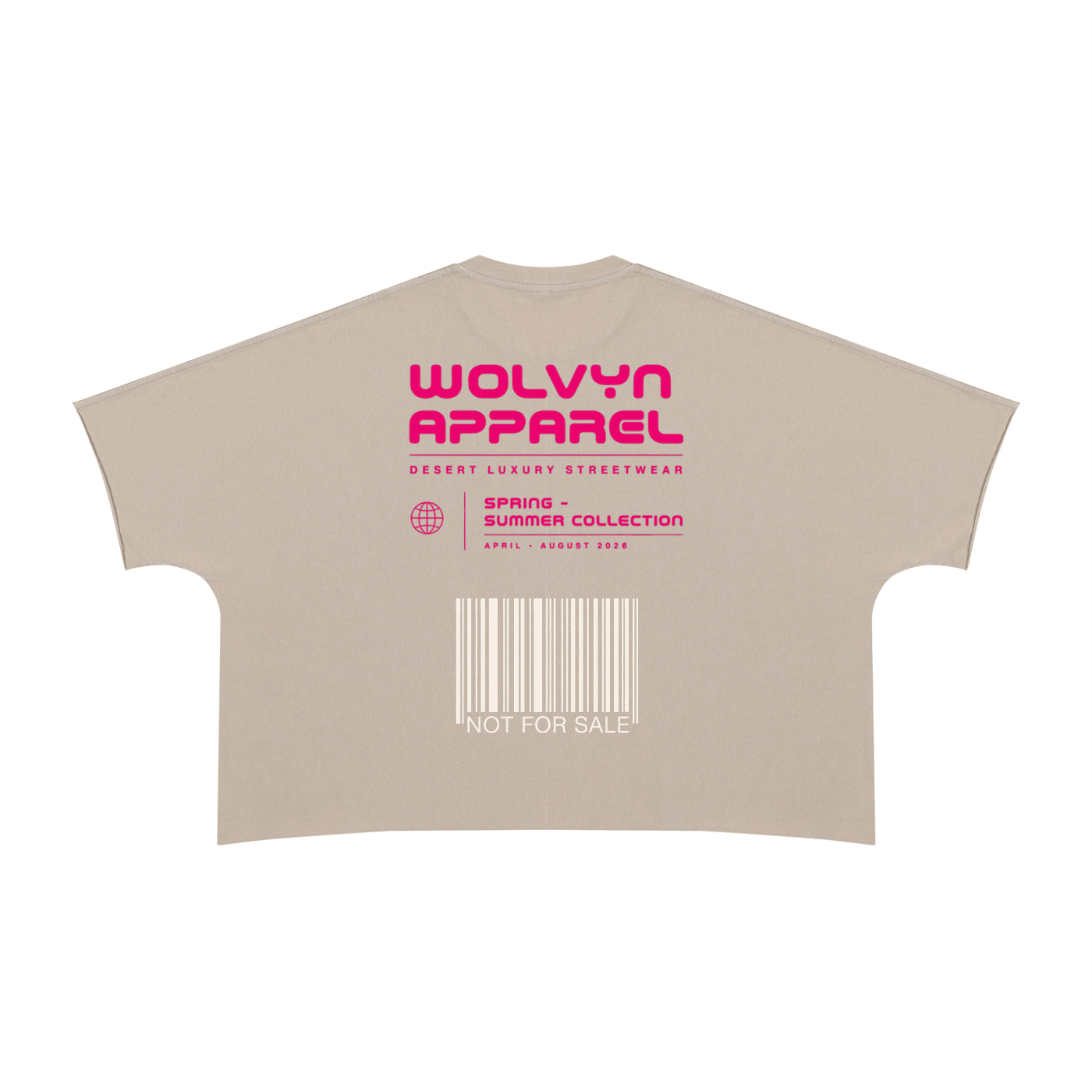 Beige heavyweight boxy t-shirt with bold pink text, barcode, and raw-edge sleeves.