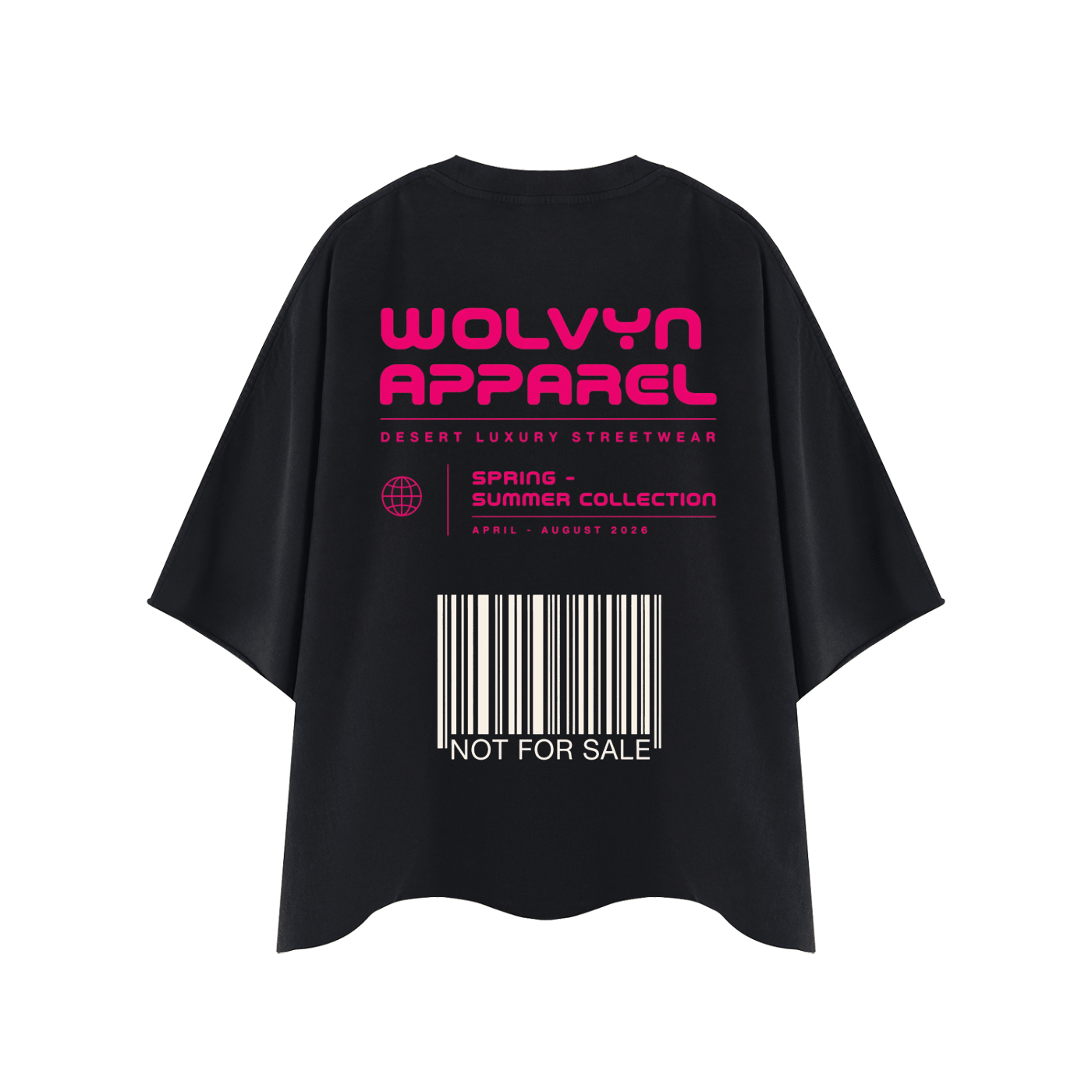 Black oversized streetwear T-shirt with bold pink graphics, barcode, and 'NOT FOR SALE' text on back