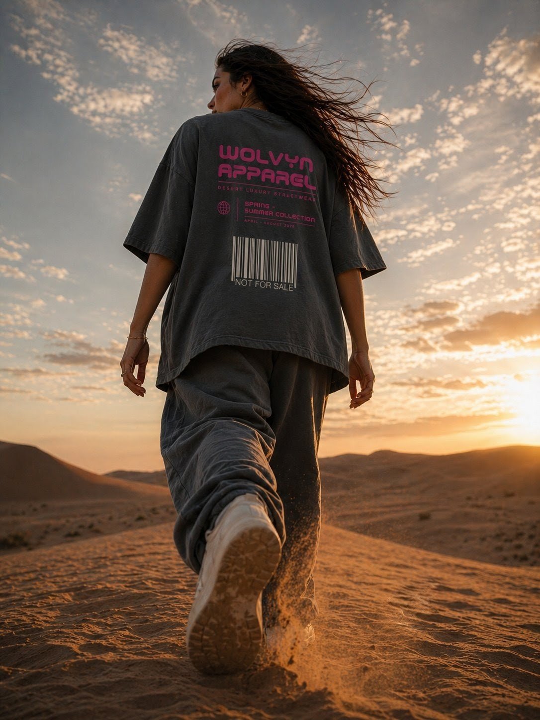 Unisex heavyweight streetwear t-shirt with bold back print, worn in desert at sunset