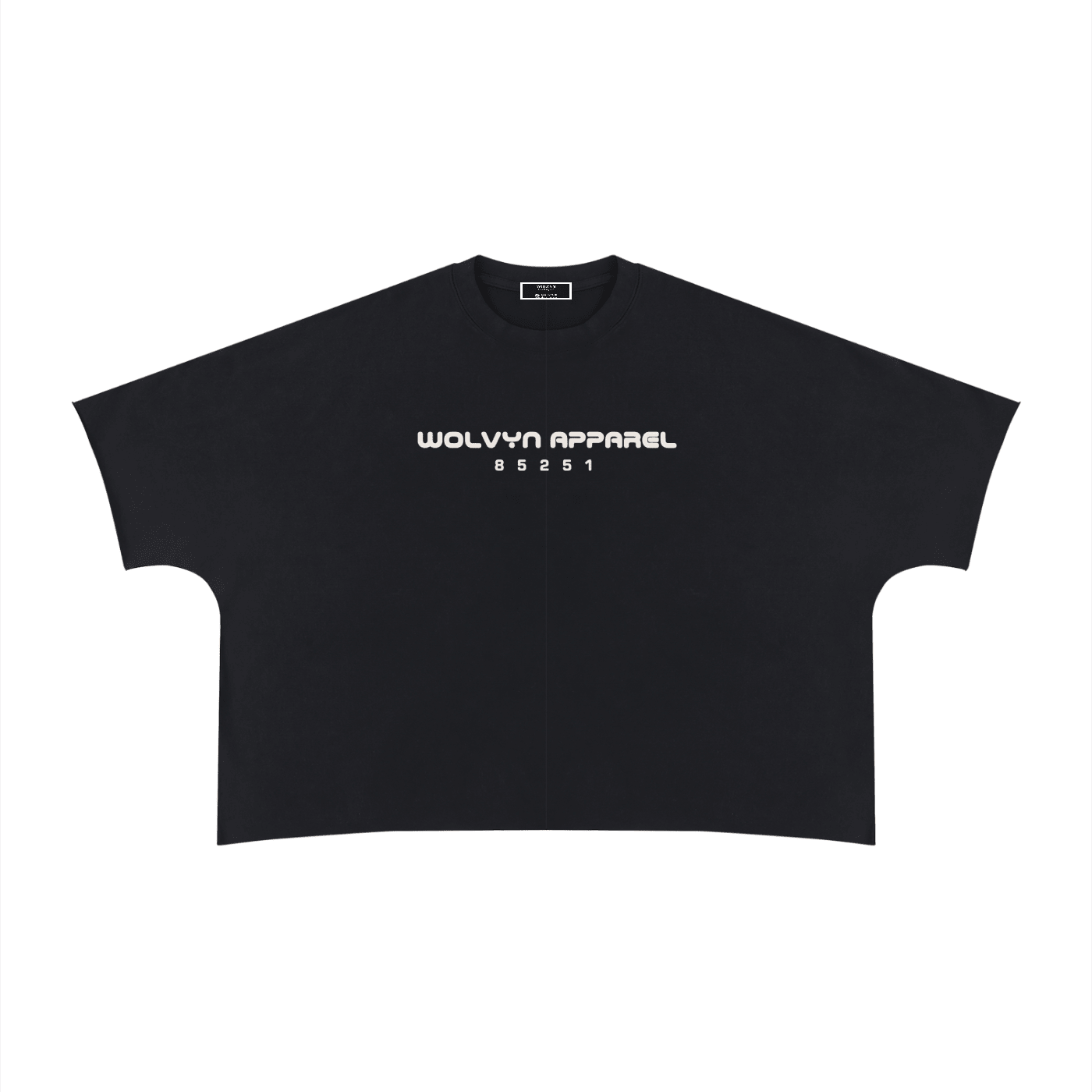 Black heavyweight boxy unisex T-shirt with white Wolvyn Apparel text and numbers on chest