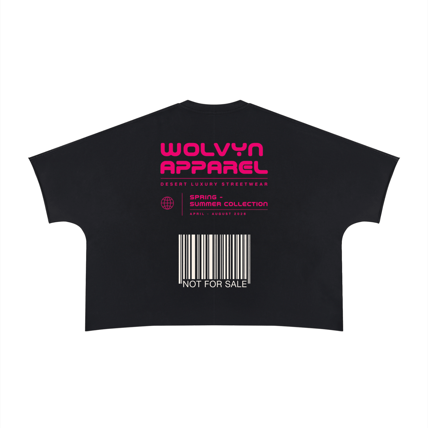 Black heavyweight boxy t-shirt with neon pink streetwear graphics and barcode on back