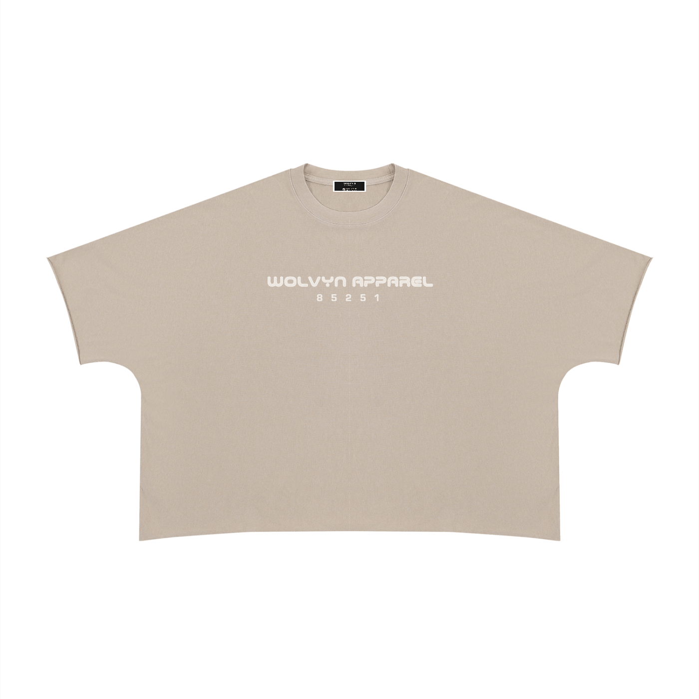 Beige heavyweight boxy unisex t-shirt with raw edge and bold front text graphic.