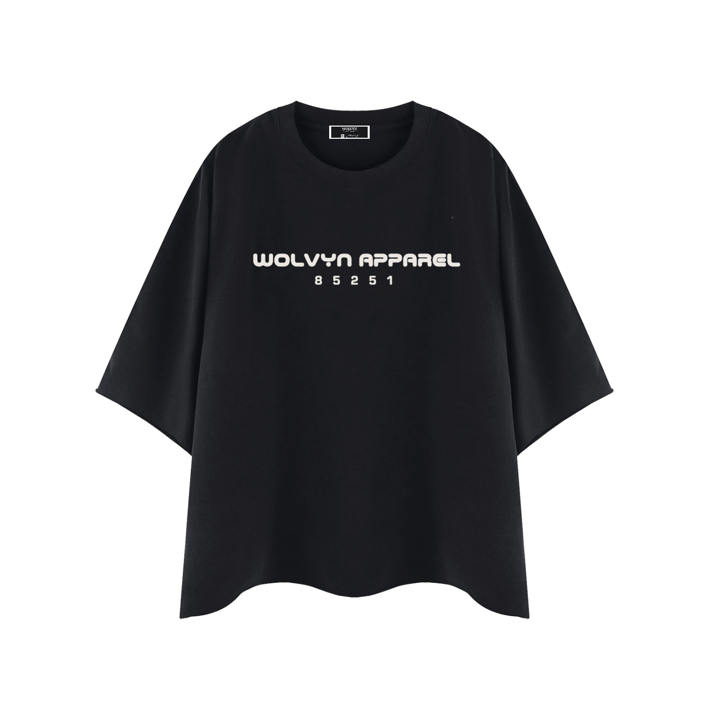 Black heavyweight unisex boxy t-shirt with 'Wolvyn Apparel 85251' white text on chest
