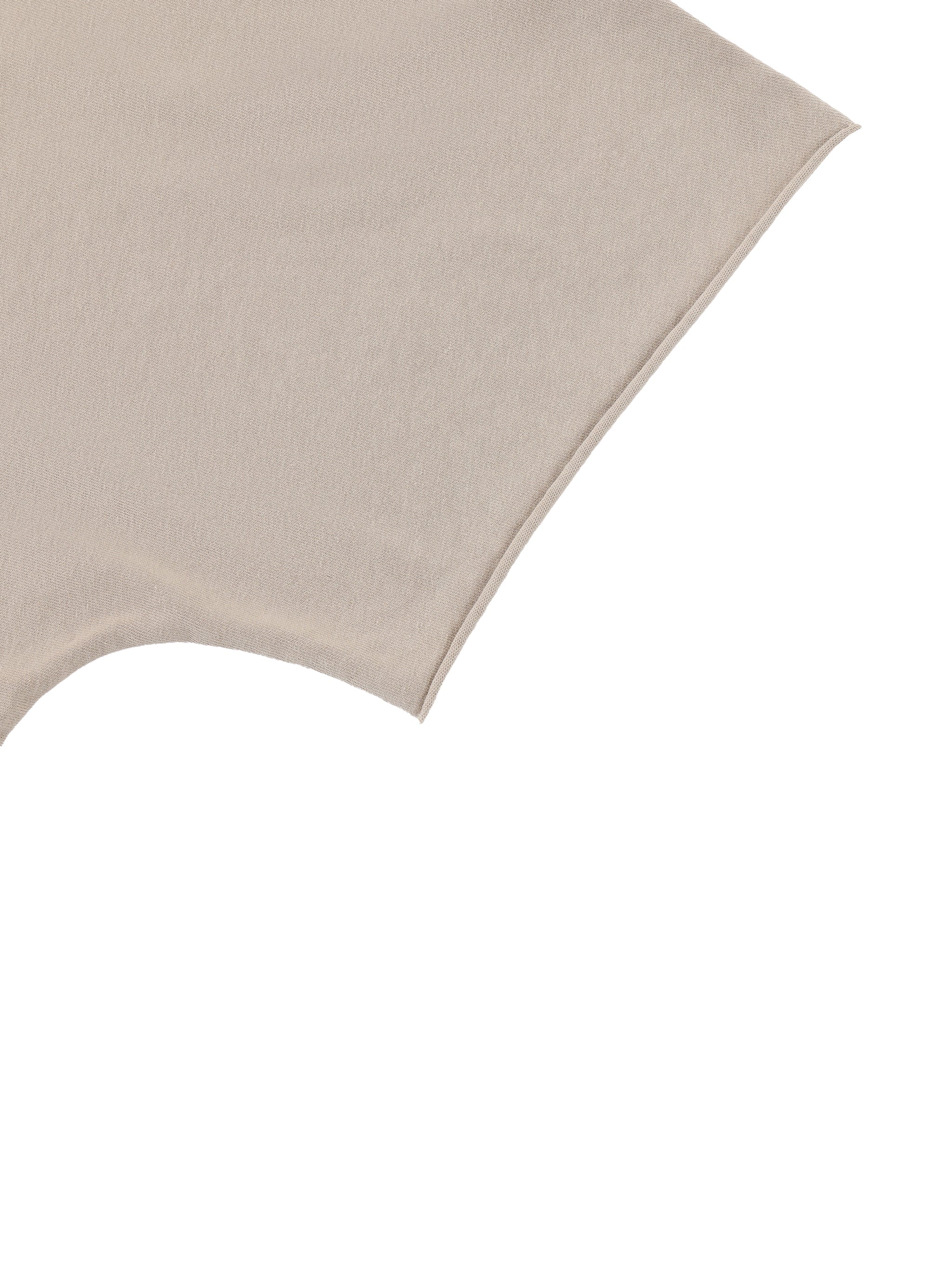 Close-up of beige heavyweight boxy T-shirt with raw edge sleeve detail
